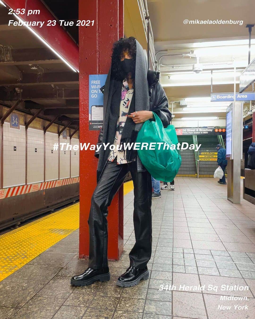 筒井心一のインスタグラム：「@mikaelaoldenburg in #34thHeraldSquareStation at 2:53 pm, February 23 Tuesday 2021, #NewYork ﻿ #OutfitOfTheDay = #TheWayYouWEREThatDay  #TWYWTD #ShinichiTsutsui」