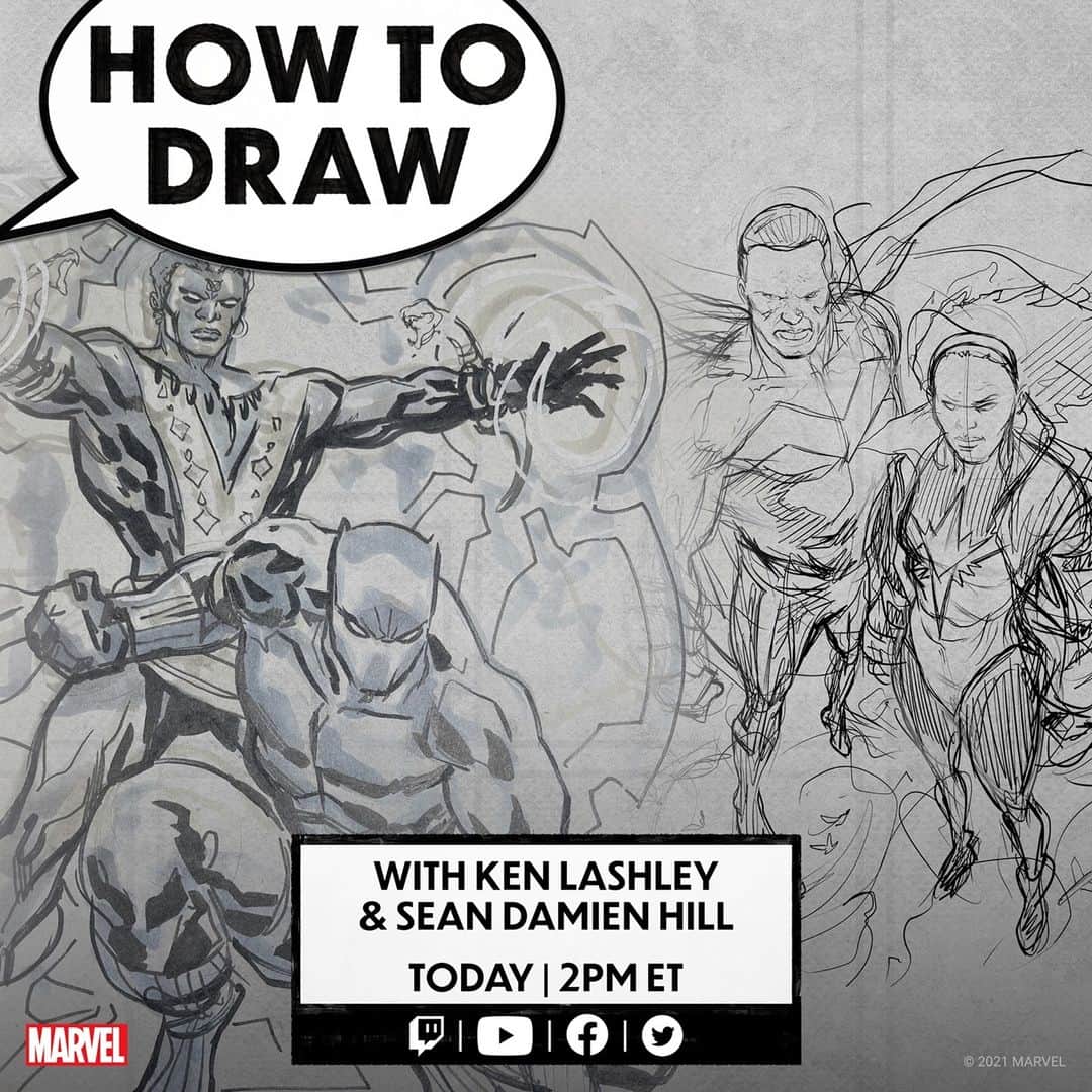 Marvel Entertainmentさんのインスタグラム写真 - (Marvel EntertainmentInstagram)「Tune in today at 2PM ET as artists Ken Lashley and Sean Damien Hill show you how to draw some of your favorite Marvel heroes! #BlackHistoryMonth」2月24日 1時17分 - marvel