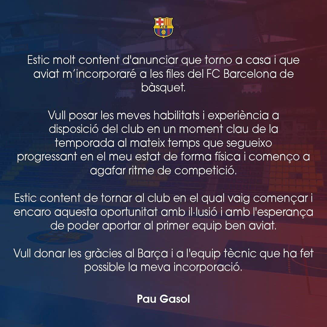 パウ・ガソルさんのインスタグラム写真 - (パウ・ガソルInstagram)「Molt feliç de tornar a casa. Muy feliz de volver a casa. Very happy to come back home. ⠀⠀⠀⠀⠀⠀⠀⠀⠀⠀⠀⠀⠀⠀⠀⠀⠀⠀ Força Barça! 🔵🔴」2月24日 1時18分 - paugasol