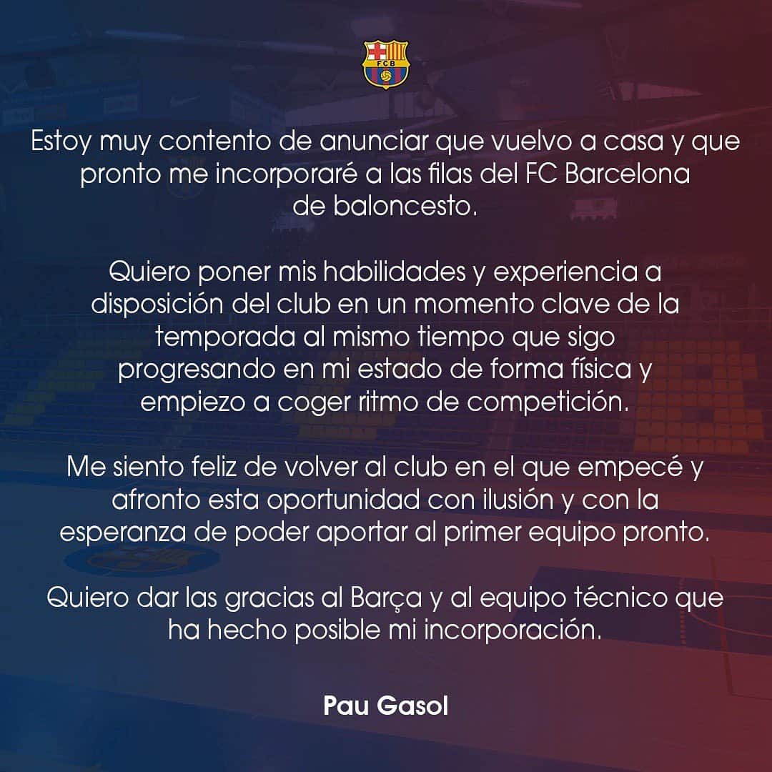 パウ・ガソルさんのインスタグラム写真 - (パウ・ガソルInstagram)「Molt feliç de tornar a casa. Muy feliz de volver a casa. Very happy to come back home. ⠀⠀⠀⠀⠀⠀⠀⠀⠀⠀⠀⠀⠀⠀⠀⠀⠀⠀ Força Barça! 🔵🔴」2月24日 1時18分 - paugasol