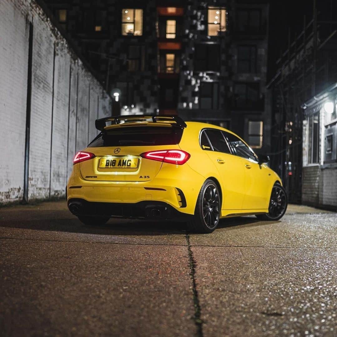 Mercedes AMGのインスタグラム：「[Kraftstoffverbrauch kombiniert: 7,6–7,4 l/100 km | CO₂-Emissionen kombiniert: 175–170 g/km | amg4.me/efficiency-statement | Mercedes-AMG A 35 4MATIC Kompaktlimousine]  When the sun goes down, this bright spot comes out.  📷 @asifstake, 🚘 @b18.amg_a35   #DrivingPerformance #MercedesAMG #A35」