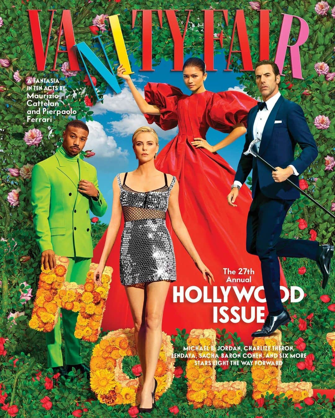 シャーリーズ・セロンのインスタグラム：「The 27th Vanity Fair Hollywood Issue, aka a collection of people I am absolutely obsessed with. So honored to be in their company.   #VFHollywood  By: Maurizio Cattelan and Pierpaolo Ferrari @britthennemuth  Stylist: @kegrand  Hair: @hairbyadir Makeup: @kateleemakeup」