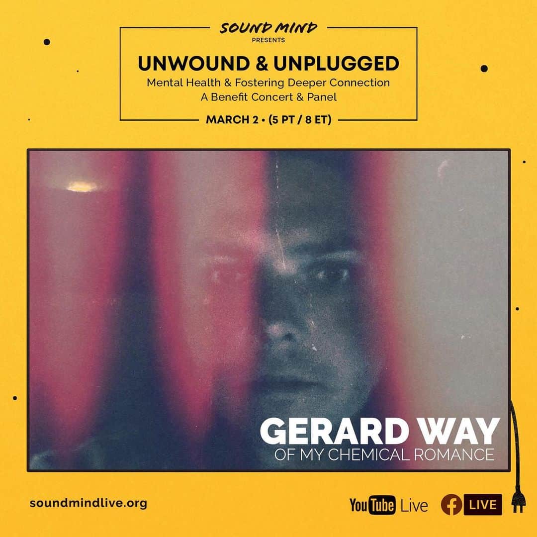 ジェラルド・ウェイのインスタグラム：「I'm excited to speak at #UnwoundAndUnplugged, presented by @soundmind_live and @nationaldayofunplugging, coming up on March 2nd! This virtual mental health concert and panel brings together myself, @julienrbaker and @deathbyromy to promote a community of support around experiences related to mental health, isolation and the healing power of creativity and connection. I know that it's a really tough time for everyone right now. Coming together as a community and speaking openly about mental health is more relevant than ever. The event takes place on Facebook at 5pm PT/ 8pm ET on March 2nd.」