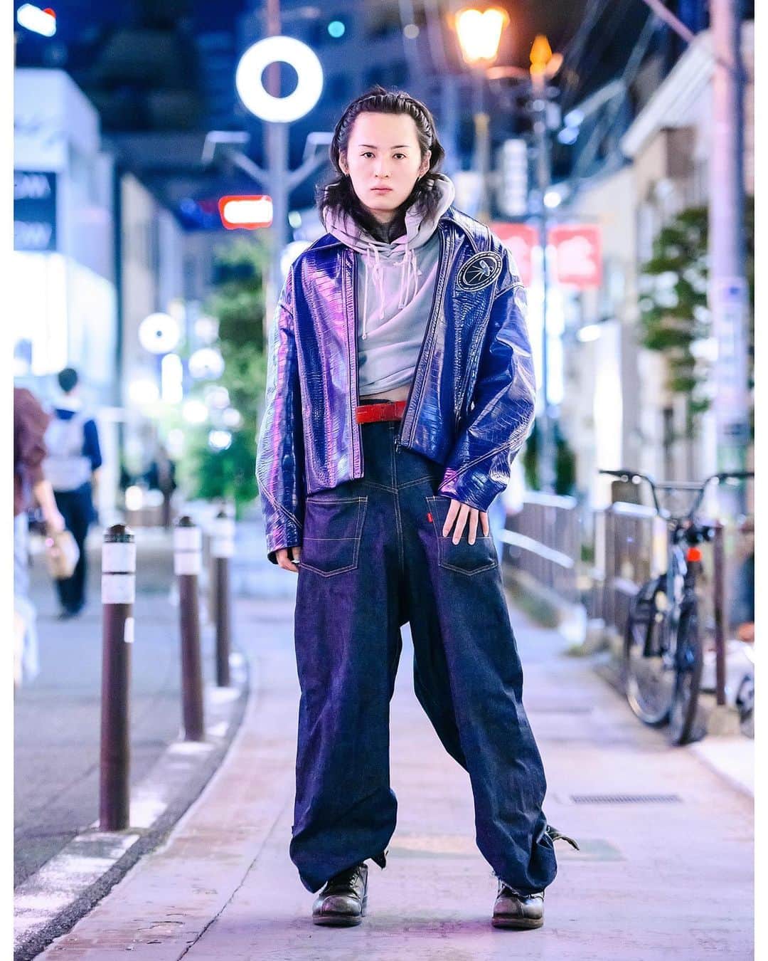 のインスタグラム：「Japanese college student Sojun (@mr_agu191) on Cat Street in Harajuku. He's wearing backwards wide leg jeans by NeonSign with a NutEmperor leather jacket, layered tops from Barragan NYC, and Hurley boots.」