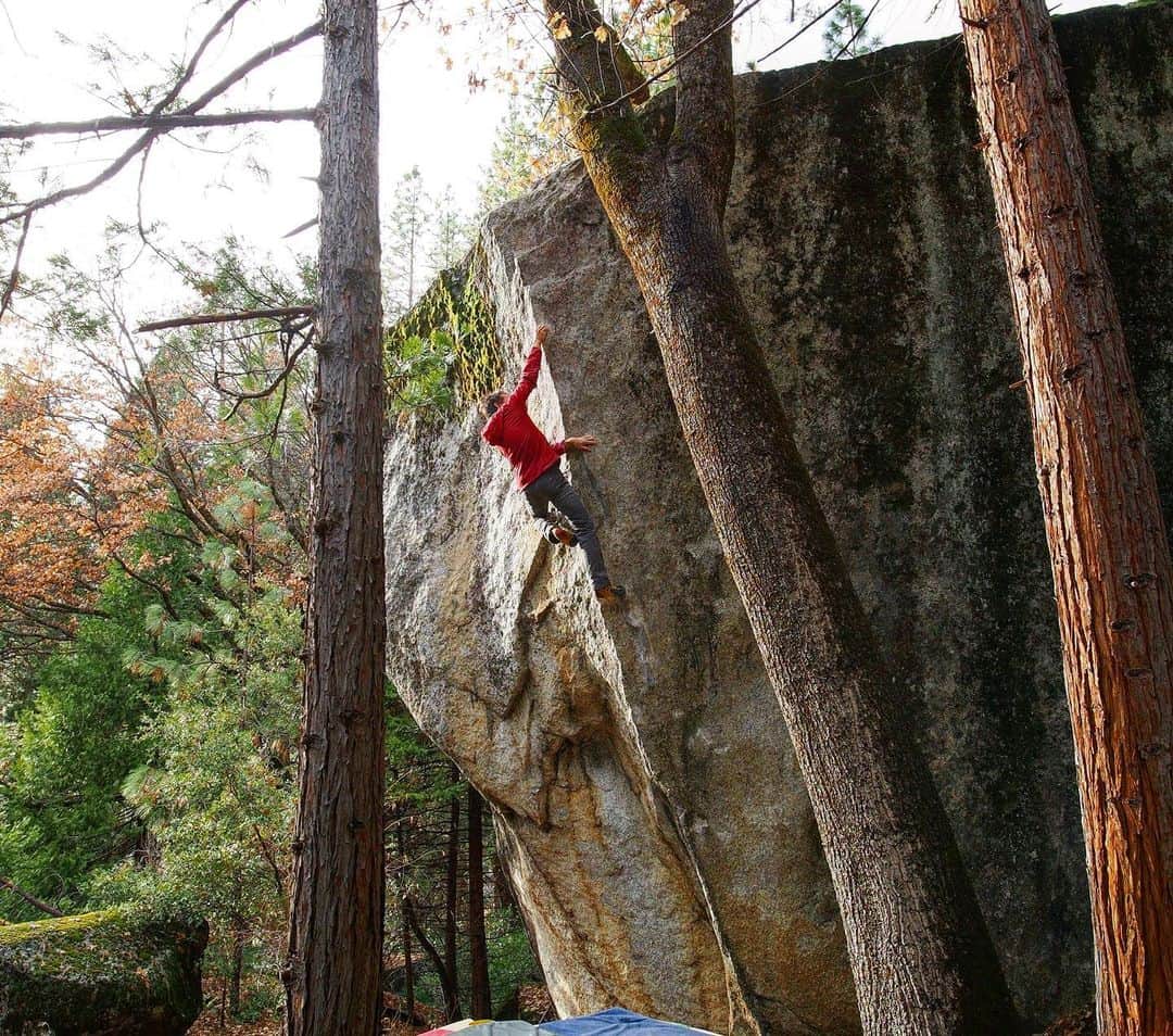 ベス・ロッデンのインスタグラム：「Standard Fare, Yosemite, CA  Before the big snow storm @randypuro made the first ascent of the beautiful arete to the right of the iconic "Two Bolts Or Not To Be" in Yosemite. He named the new line "Standard Fare" as a tribute to the classic, high, striking lines that Yosemite offers, and also as a tribute to our favorite food spot @standardfare by the wonderful Kelsey Kerr in Berkeley. (If you are ever in the Bay area, you will have zero regrets stopping by, I promise).  I'm always blown away that Randy is still putting in the time to find and develop some of the most stunning climbs with zero desire for fanfare or applause (even this post will make him uncomfortable, but I suppose that's what good wives do). But what is more impressive to me about this one is it was his first hard climb after exploding (as his surgeon described it) his collarbone this past summer. I guess with an amazing doctor and physical therapist and unending determination and great genetics, it's possible to half your recovery time and climb hard well before anyone thought you could bear weight, a phenomenon that I have yet to experience.  Good job Randy! Although I think each of your ascents going forward need an asterisk as you are technically now bionic. // @outdoorresearch @lasportivana @metoliusclimbing @organicclimbing #yosemitebouldering」