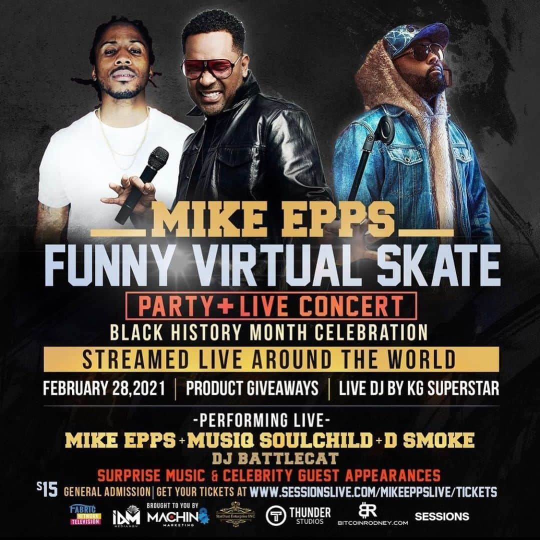 ミュージック・ソウルチャイルドのインスタグラム：「In Celebration of Black History   #Client @musiqsoulchild @therealmikeepps , D Smoke and @djbattlecat are putting on a Virtual Funny Skate & Concert Livestream in @sessionslive on February 28 at 5:00pm PT.   Get tickets now at sessionslive.com/MikeEppsLive/tickets - #LinkInBio   #VirtualFunnySkate #SkateParty」