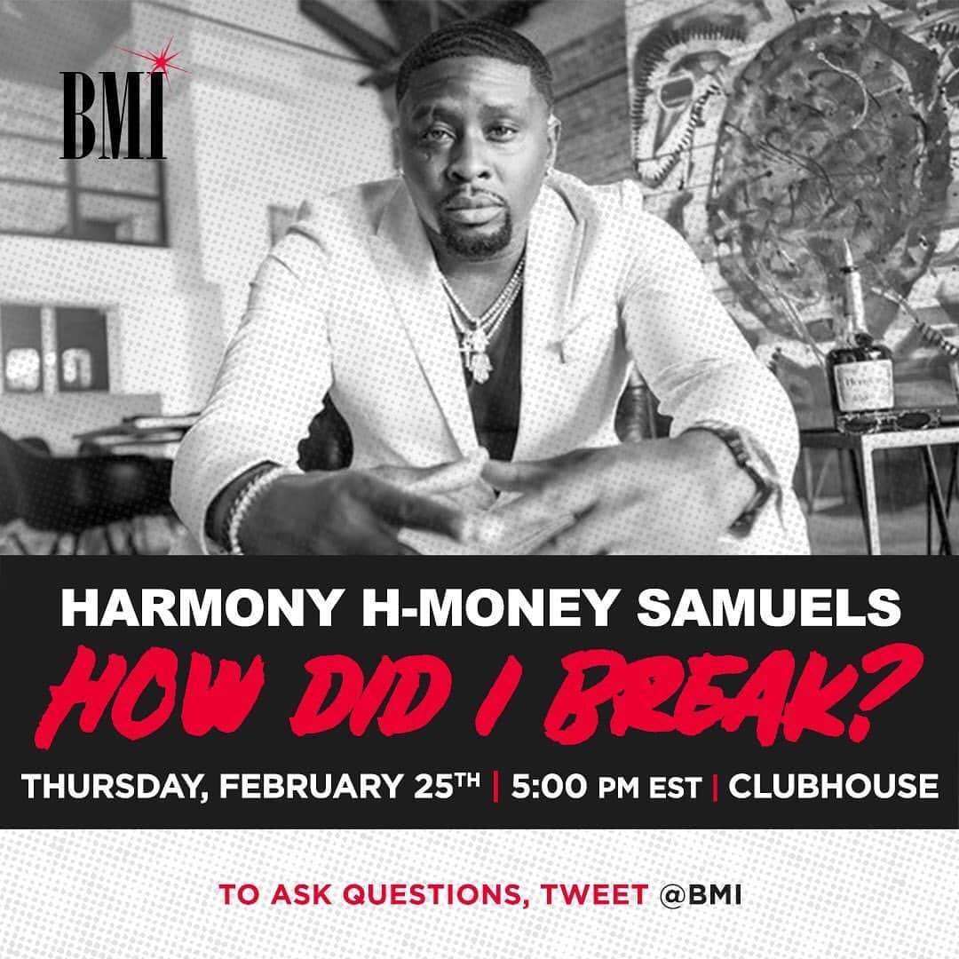 Broadcast Music, Inc.のインスタグラム：「This week, don’t miss How Did I Break with @HarmonySamuels! Join us this Thursday at 5 PM EST on #Clubhouse to hear all about how he broke into the industry! Comment ‘I’m all ears’ if you’ll be listening in 👂🏾🎶👂🏼🎶👂🏿 #BMIHDIB #HarmonySamuels 🔗 in bio.」