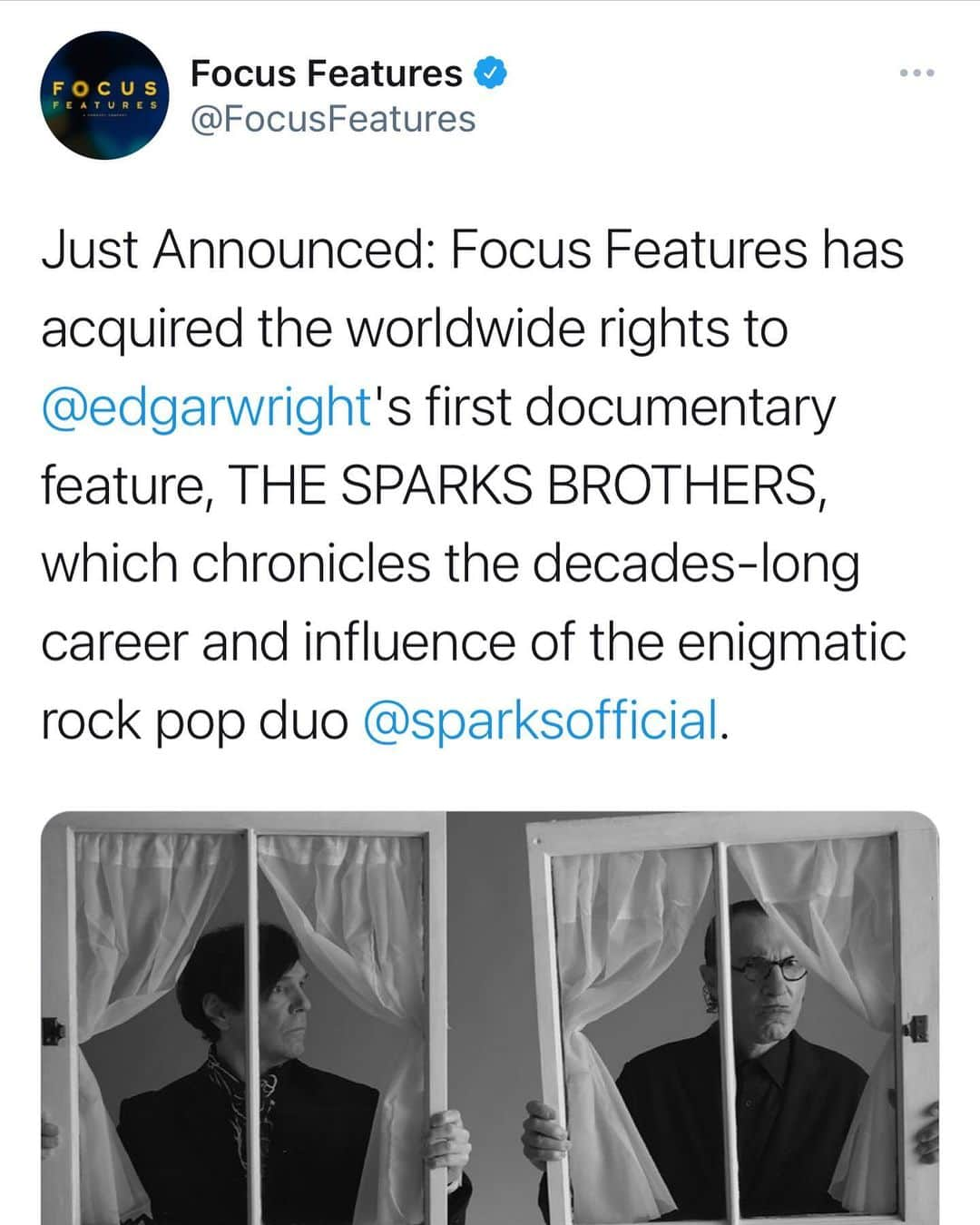 エドガー・ライトさんのインスタグラム写真 - (エドガー・ライトInstagram)「I'm thrilled to announce that @focusfeatures will be releasing my first documentary, THE SPARKS BROTHERS, worldwide later this year. Cannot wait for all you to see it...」2月24日 7時24分 - edgarwright