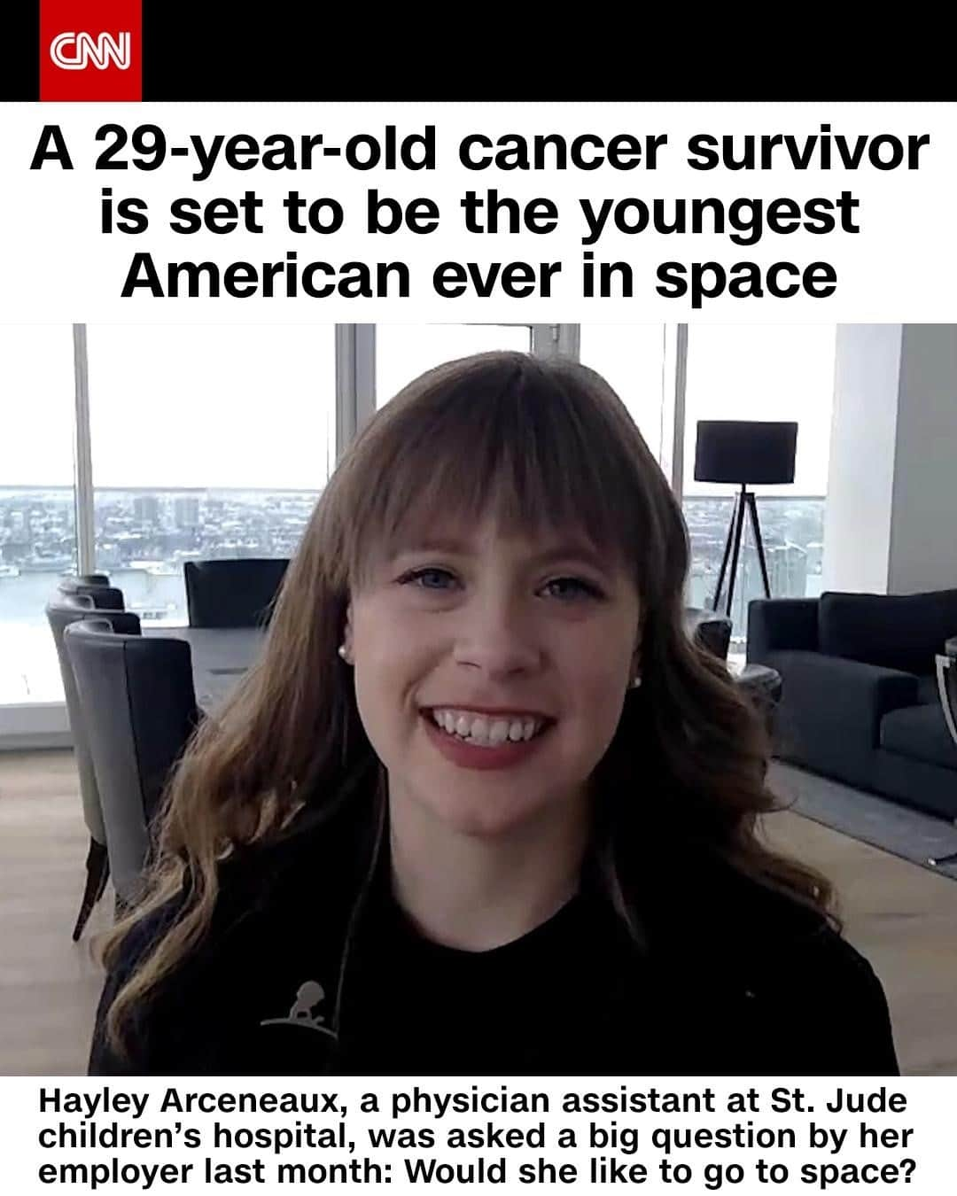 CNNさんのインスタグラム写真 - (CNNInstagram)「Hayley Arceneaux, who was 10 years old when she learned she had osteosarcoma, will be one of four crew members on Inspiration 4, the first spaceflight to take a group composed entirely of civilians — not professional astronauts — on a multi-day journey to orbit the Earth. It's slated to take off in October 2021. Arceneaux will be joined by billionaire and Shift4 Payments CEO Jared Isaacman, who is funding the mission and plans to use the event to raise more than $200 million for St. Jude's research. Arceneaux is slated to become the youngest American, the first pediatric cancer survivor, and the first-ever person with a prosthesis to journey into space, a landmark that she said she hopes will inspire people with disabilities who previously thought such grand adventures were off limits.⁠」2月24日 11時00分 - cnn