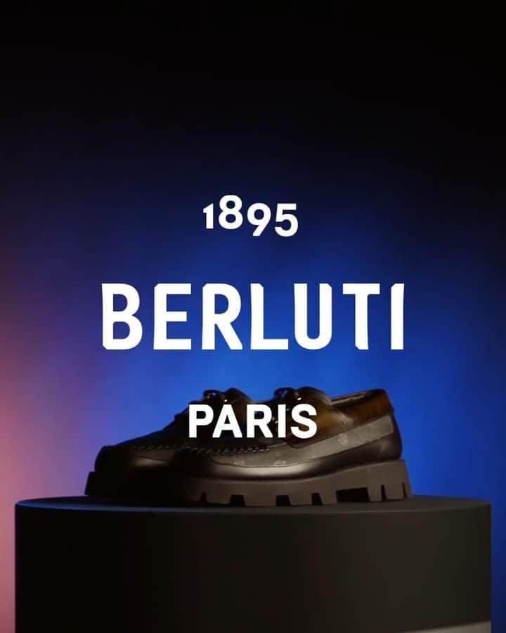 ベルルッティのインスタグラム：「- THE #BERLUTI SIGNATURE CANVAS -  Introducing the new “Twist” boat shoe in a version which combines the SIGNATURE Canvas and the Venezia leather with a TDM Intenso patina. Featuring a thick yet flexible and exceptionally lightweight expanded rubber outsole, as well as hand stitched details in leather on the apron and the heel, it is statement-worthy yet effortless and comfortable.  Designed by @kris_van_assche, SIGNATURE is inspired from Berluti’s archives, blending the Maison’s logo and the undulating strokes of the iconic Scritto motif, and stamped over a black background with strokes of slate and lead grey reminiscent of the Parisian skyline. Made in a textured coated fabric that resists everyday use, SIGNATURE is completed with Berluti’s trademark finishings, including metallic bootmaker studs and Venezia leather details.   Now available In-Store and on the E-Shop.」