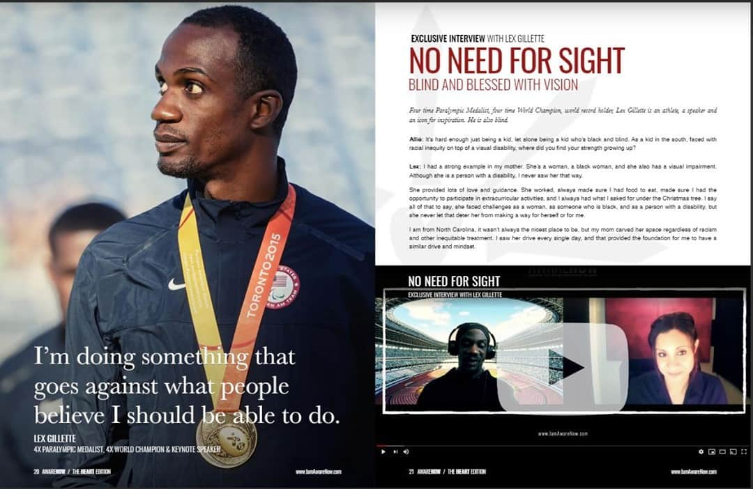 レックス・ジレットのインスタグラム：「AwareNow Magazine has invited me to be a monthly contributor to their powerful platform dedicated to messages of diversity and inclusivity.   See and share my stories in AwareNow Magazine:  'NO NEED FOR SIGHT' https://zcu.io/quqf  'WITH MY SINCERE APPRECIATION' https://zcu.io/OQKf   Join us as we raise awareness one story at a time. Follow along via @awarenessties.  #lexgillette #noneedforsight #vision #awarenessnow #inclusivity #accessibility #goforgold #tokyo2020 #longjump #community」