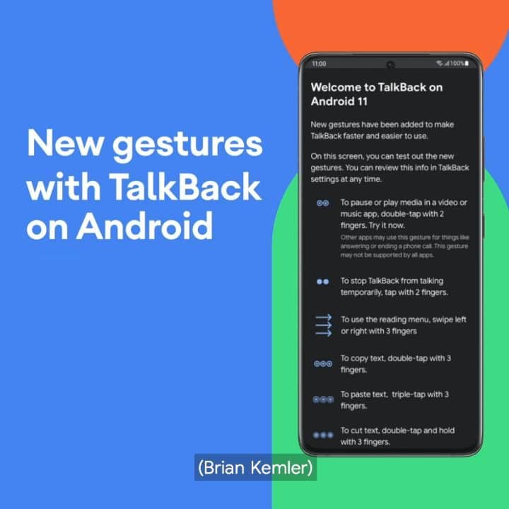 Androidのインスタグラム：「TalkBack’s new gestures on #Android help people with blindness or low vision navigate and customize their built-in screen reader the way they want. For example, see how we made starting and stopping media easier and faster.」