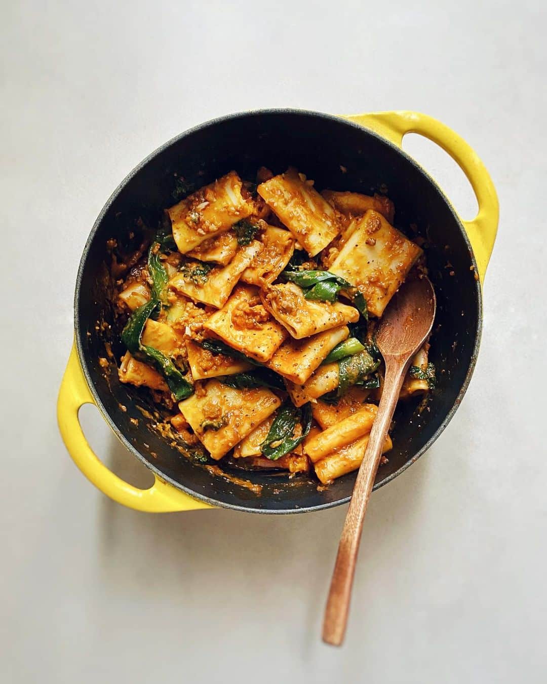 のインスタグラム：「パッケリと九条ネギのボロネーゼ paccheri al ragù alla bolognese #bolognese #pasta #greenonion 本日は九條ネギを収穫〜🌿 #パッケリ #パスタ」