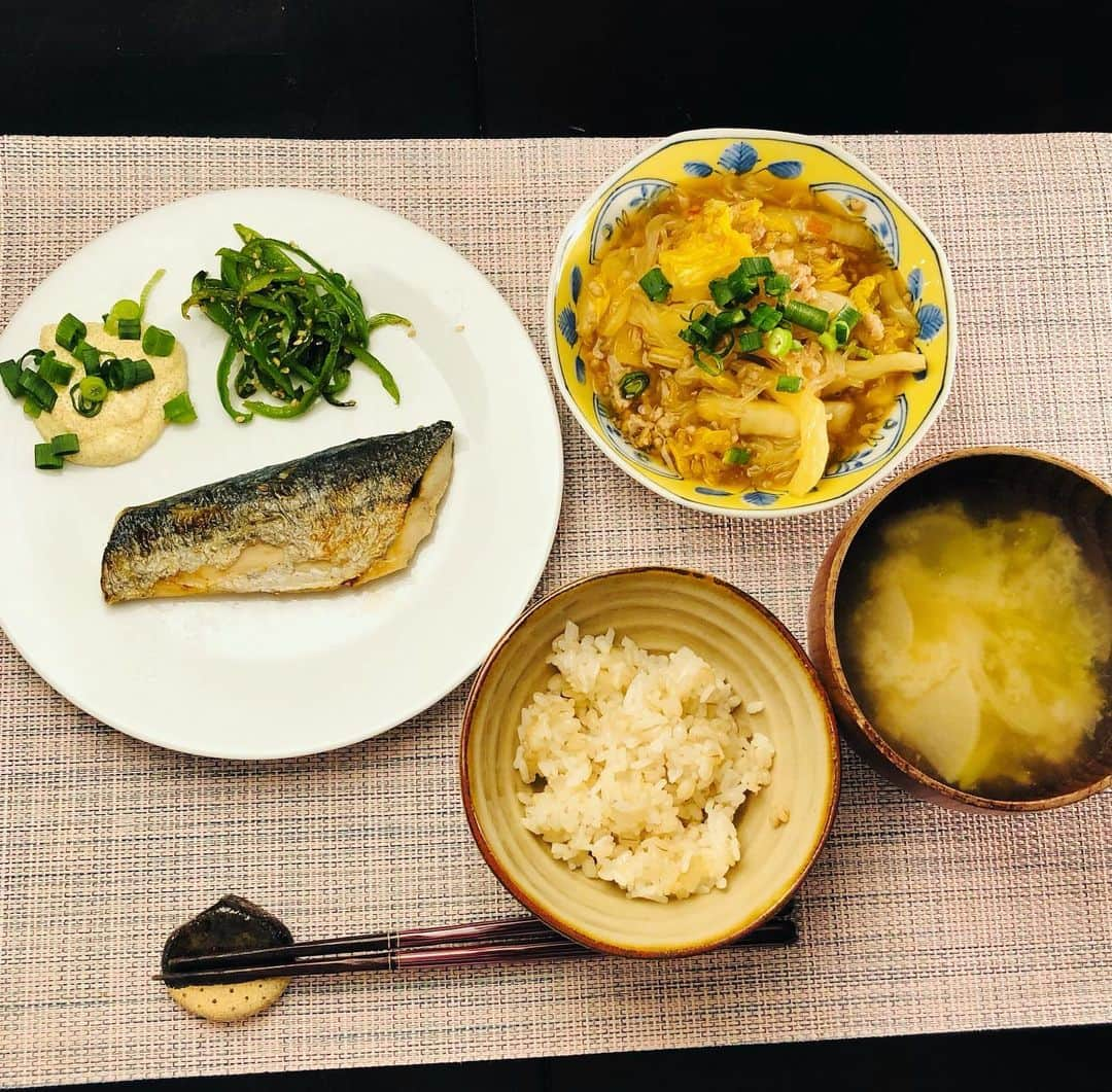 田野辺実鈴のインスタグラム：「今日の晩ご飯💁‍♀️ おやつにタコ焼きを食べてしまったので、少なめです😓  ★サワラ焼き ピーマンの胡麻炒めと 明太マヨ添え  ★白菜と白滝の麻婆風  友人に教えていただいた ピーマン克服メニュー🫑 ごま油で炒めてゴマを振ったら 苦手なにおいが消えて おいしかったです😳  #今日の晩ご飯 #ピーマン克服メニュー #ピーマン克服大作戦 #旬のおかず #サワラ料理 #明太マヨは何にでも合う #おうち時間」