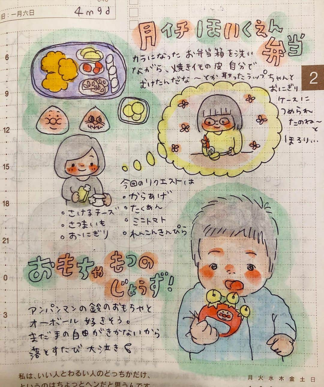 misaさんのインスタグラム写真 - (misaInstagram)「#ほぼ日 #ほぼ日手帳  #ほぼ日絵日記 #絵日記 #育児日記 #育児絵日記 #hobonichi  #イラスト #illust #クリーンカラー#babytime_japan #ベビタイム#ママチャンネル#ママポスト#lin_don_fashion#illustgram_mama#マイナビ子育て部#4m9d#生後4ヶ月#4歳#あんふぁんぎゅって公式グラマー」2月24日 22時01分 - m_hobonichi