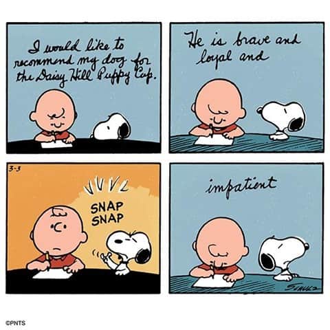 スヌーピーのインスタグラム：「Brave, loyal… impatient 🐶 What are three words that describe your dog?」
