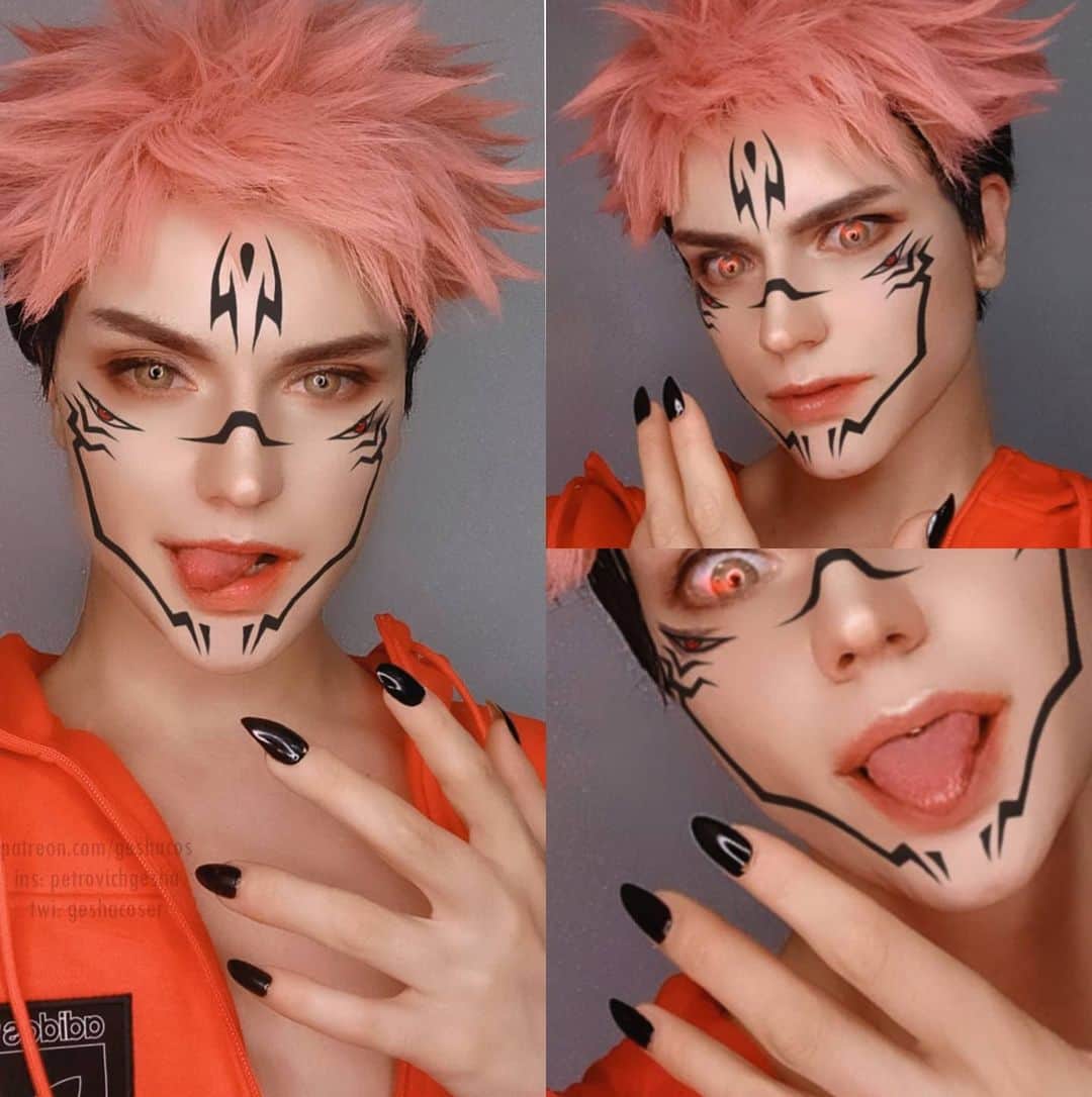 Gesha Petrovichのインスタグラム：「#sukuna and #yujiitadori  Costest pack available for "OMG" tier and all this last week of my b-day month you guys will surprised😌🙏 Thanks for all your messages, check them all only today ❤️ My goal for this month 50 patrons, lets try!🎂🎈 Link in highlights 😊 Wig @geshacos Contact @colourfuleye_cosplay __________ Спасибо всем за поздравлялки, только закончил разгребать ❤️🥴 Последнюю неделю придется работать усиленно,вас ждёт много сюрпризов на патреоне 😉 Не забывайте про ТикТок и Твиттер ❤️🎈  #Jujutsu Kaisen #呪術廻戦 #costest #geshacos #makeupartist #malecosplay #sexy #onlyfans」