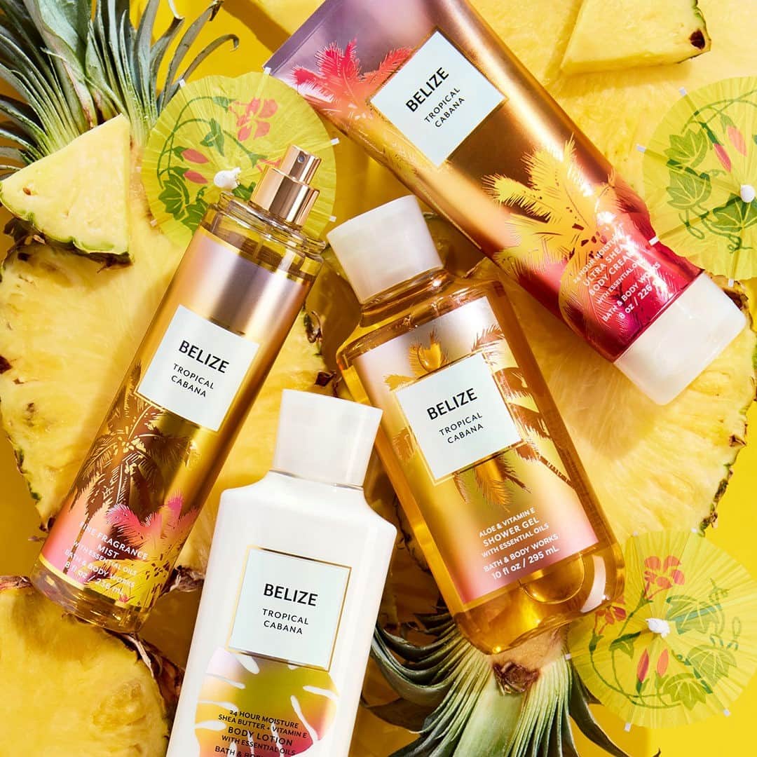 Bath & Body Worksのインスタグラム：「Get ready to hit the “SAVE” button for this sweet-as-your-favorite-tropical- drink fragrance! NEW Belize Tropical Cabana is a blend of banana daiquiri, 🍌 juicy pineapple 🍍 & golden sands 🏝Head to Stories for a fragrance vacation in Belize!」