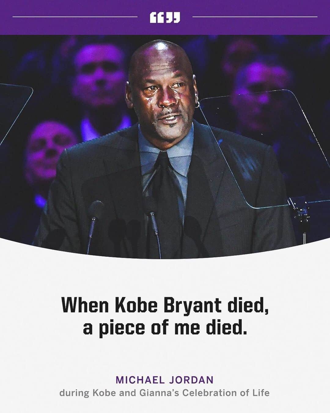 スポーツセンターのインスタグラム：「“When Kobe Bryant died, a piece of me died. ... Rest In Peace, little brother.” - Michael Jordan during Kobe and Gianna’s Celebration of life at Staples Center one year ago today.」