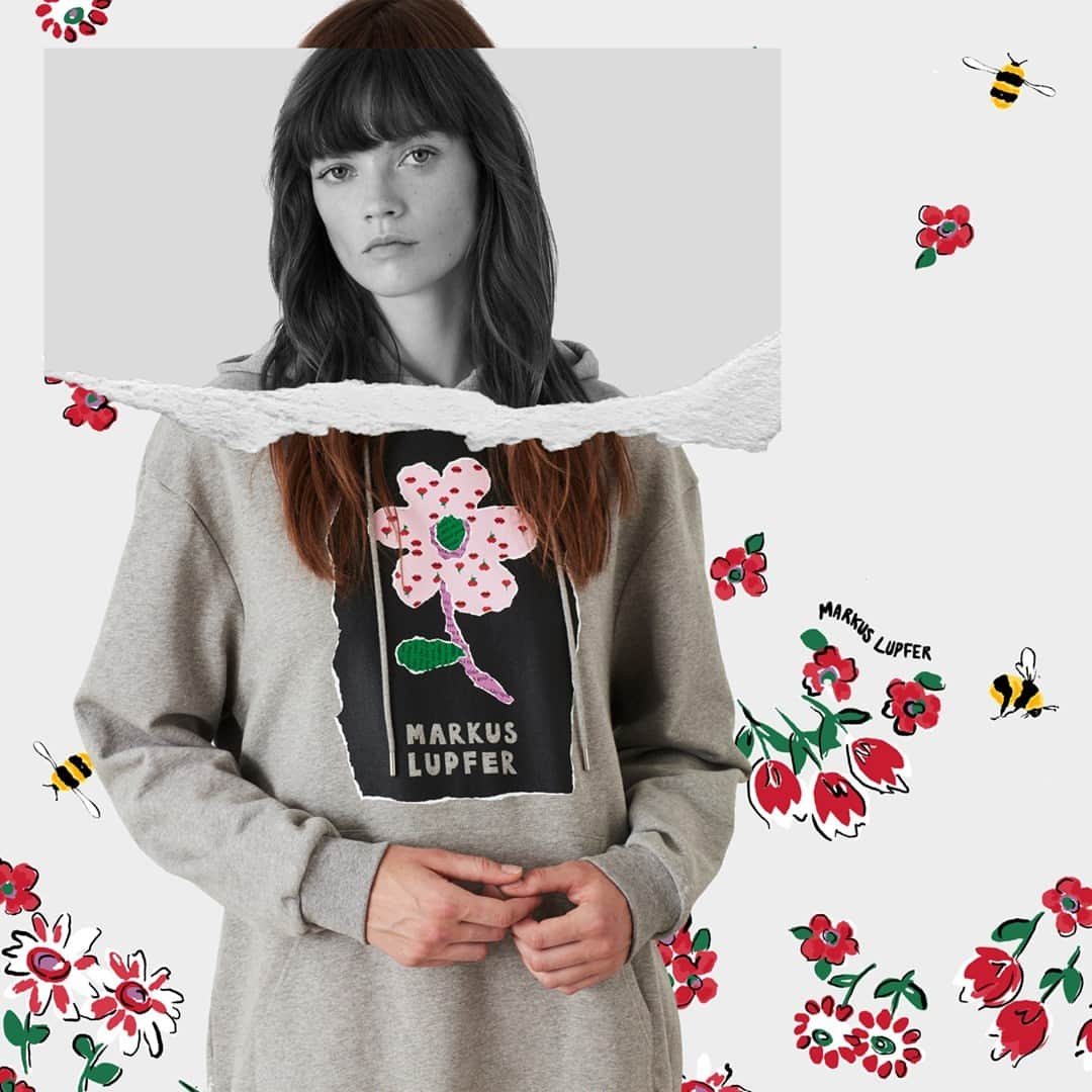 マーカスルプファーのインスタグラム：「Spring fever! This printed, hand-torn, collage flower graphic on our oversized Erin Hoodie, perfectly encapsulates this PS21 collection.  #MarkusLupfer #MarkusLupferPS21 #Hoodie」