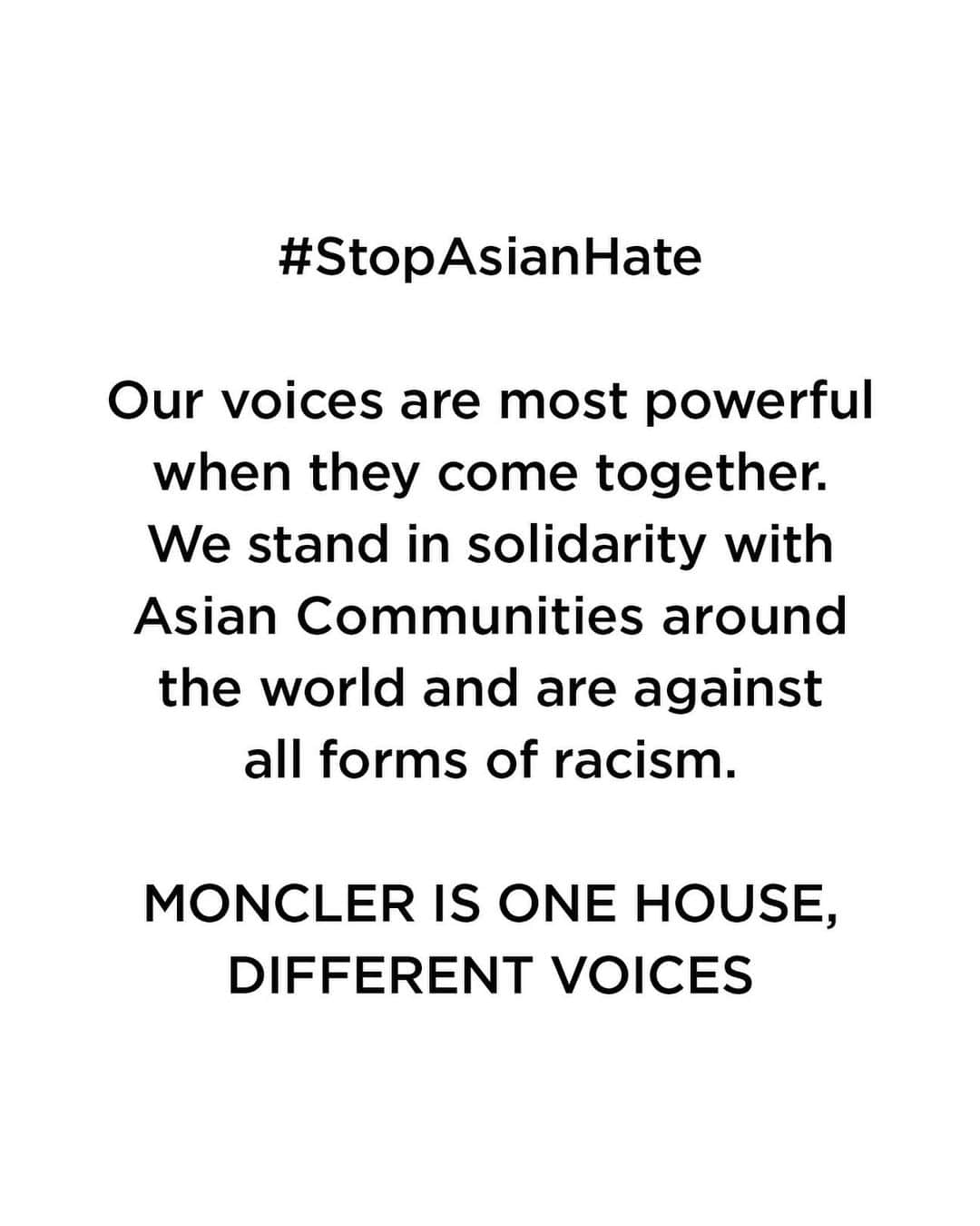 モンクレールのインスタグラム：「Some moments demand we speak out as one. We embrace togetherness, always. Moncler stands with Asian Communities all over the world.  #StopAsianHate」