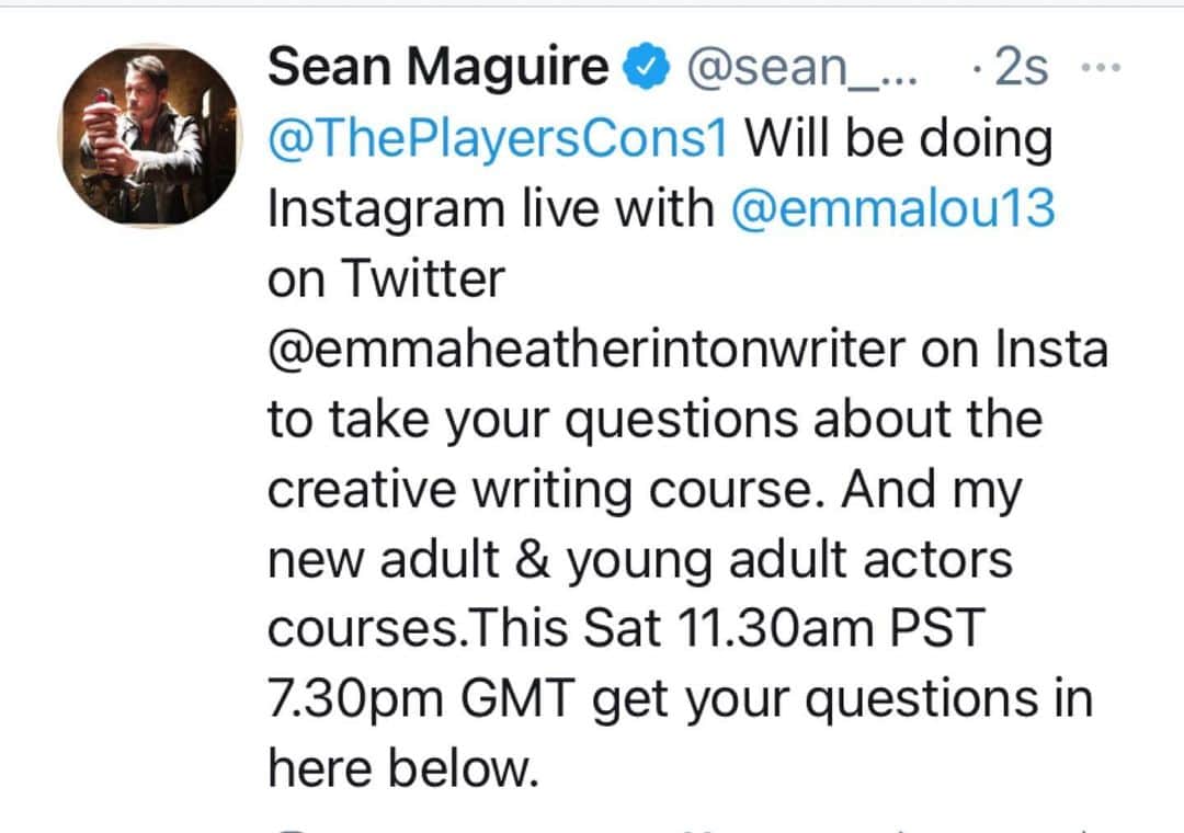 ショーン・マグワイアのインスタグラム：「I’ll be chatting with @emmaheatherintonwriter here live this Saturday leave your questions about the creative writing or actors course.」