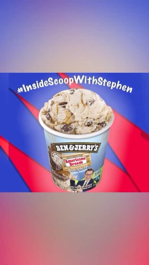 Ben & Jerry'sのインスタグラム：「Late night pal @stephenathome digs into the new Non-Dairy Americone Dream flavor, talks about 100% proceeds to non-profits & answers some sweet fan questions. ("Spoiler: Doggie Desserts taste test, too!")」