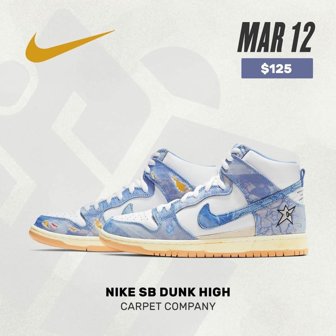 Sneaker Newsさんのインスタグラム写真 - (Sneaker NewsInstagram)「#SNReleaseAlert : The Carpet Company x Nike SB Dunk High officially releases on SNKRS on March 12th for $125. Skateshops will drop the shoes on March 9th. Tap the link in our bio to see full official images and all the hidden details within the design.」2月25日 8時01分 - sneakernews