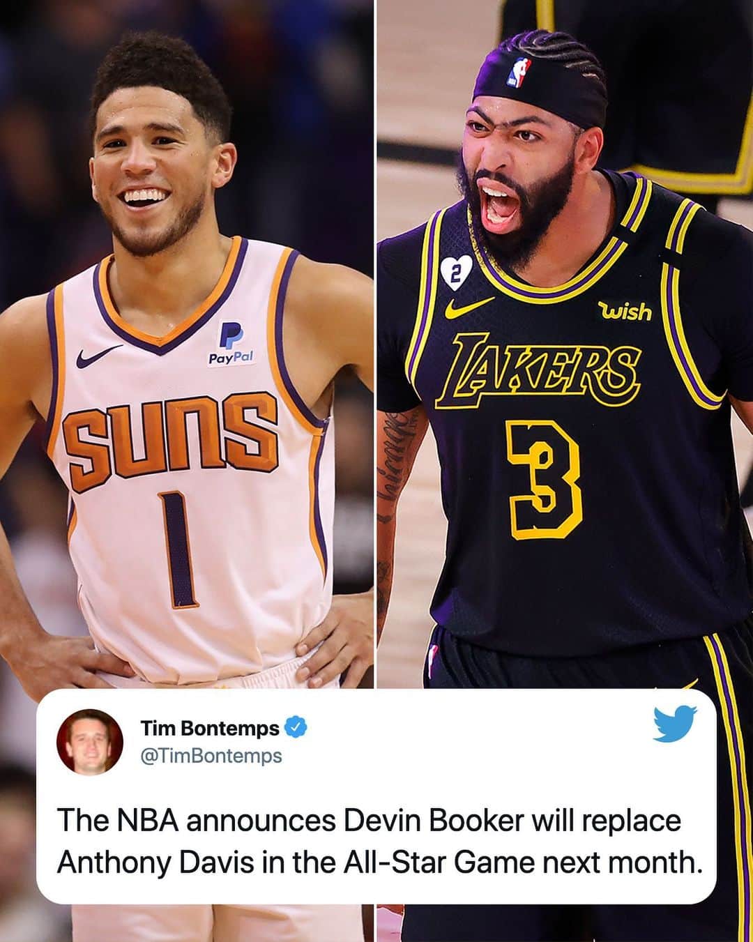 スポーツセンターのインスタグラム：「Devin Booker will replace Anthony Davis in the All-Star Game, the NBA announced. (h/t @timbontemps)」