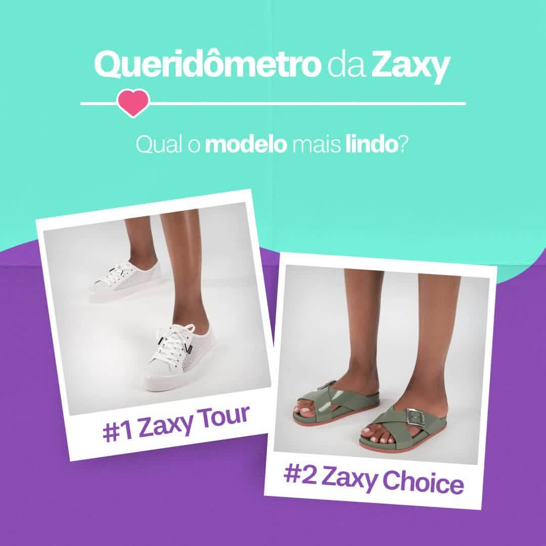 ザクシーのインスタグラム：「O nosso queridômetro quer saber: qual modelo é o seu favorito? A #ZaxyTour e a #ZaxyChoice são dois modelinhos que estão arrasando os corações das zaxymaníacas! Comenta aqui pra gente saber 🥰​  #ZaxyTour – R$99,99​ #ZaxyChoice – 69,99​  Compre agora mesmo pelas tags no post, pelo link na bio ou na nossa loja online www.zaxy.com.br​  #pracegover #pratodosverem: No gif, temos o fundo azul com roxo. No centro, temos o texto: Queridômetro da Zaxy – qual o modelo mais lindo? No lado esquerdo, temos a foto da Zaxy Tour, um modelo de tênis furadinho. No lado direito, temos a Zaxy Choice, um modelo de slide com tiras cruzadas e fivelas laterais. ​」