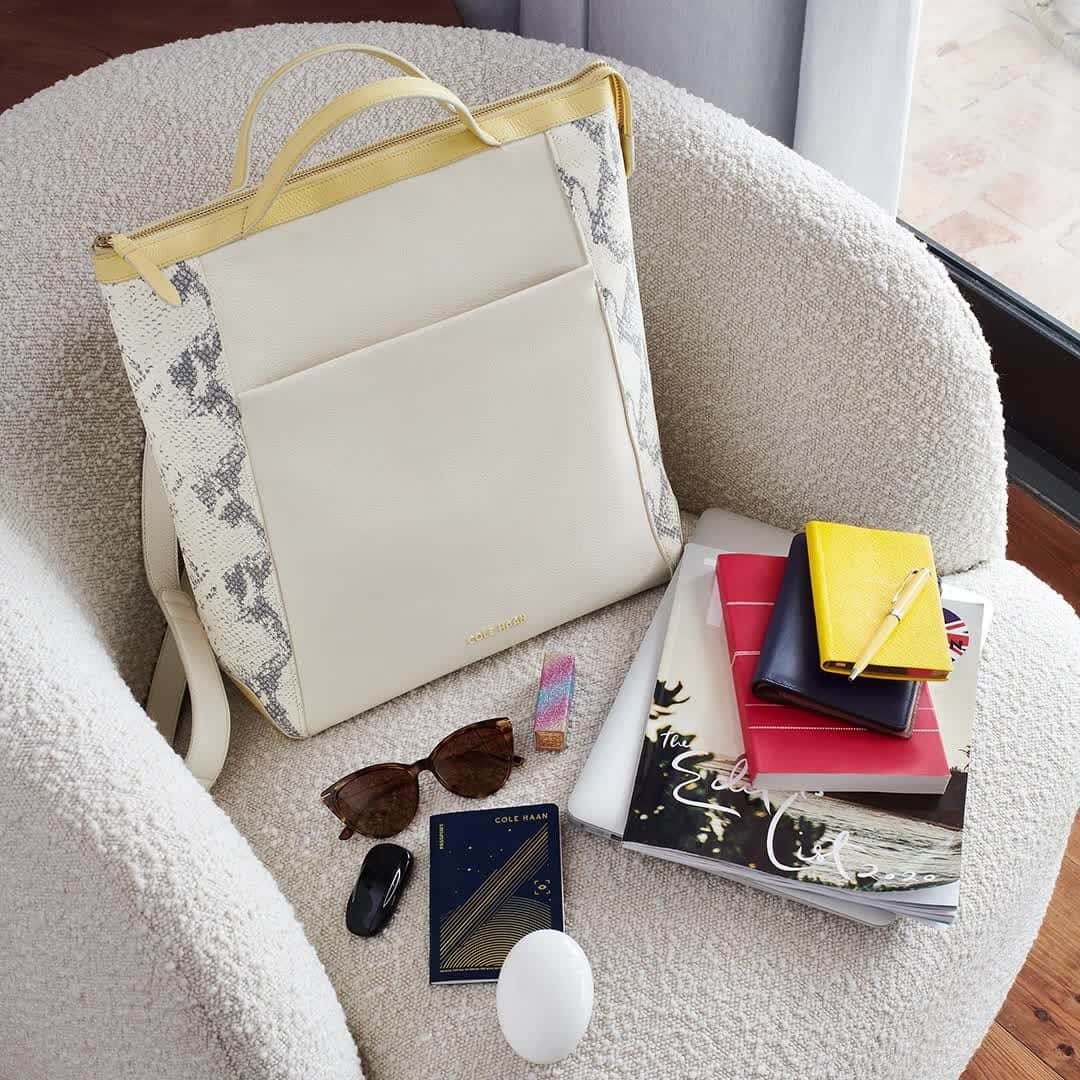 Cole Haanのインスタグラム：「Our top-selling Grand Ambition Backpack is the perfect work or travel bag for her. Built for efficient organization, it boasts lots of storage, a laptop sleeve, and several wearing options.」