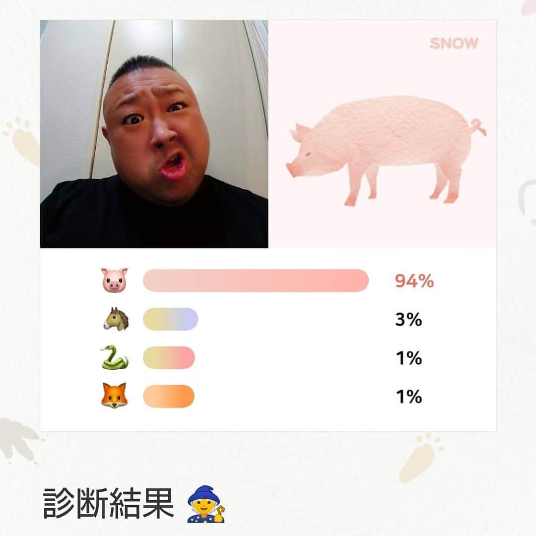 脇知弘さんのインスタグラム写真 - (脇知弘Instagram)「SNOW の動物診断をやってみた😅  色んな顔をして５０回くらい撮ってみたけど全部こぶた😅  すると娘ちゃんが 「そりゃそうやろ、トトは豚か牛か熊しか考えられへんもん」  まぁなぁ～😅 「でもトトはゴリラがいいねん」  「ゴリラはもっとトレーニングせなあか～ん！」  と、一喝されました😅  はーい😅  #脇知弘  #SNOW  #動物診断  #こぶた  #５０回くらい撮っても  #娘ちゃん  #色んな顔  #熊  #牛  #ゴリラ」2月25日 11時29分 - t_waki_at