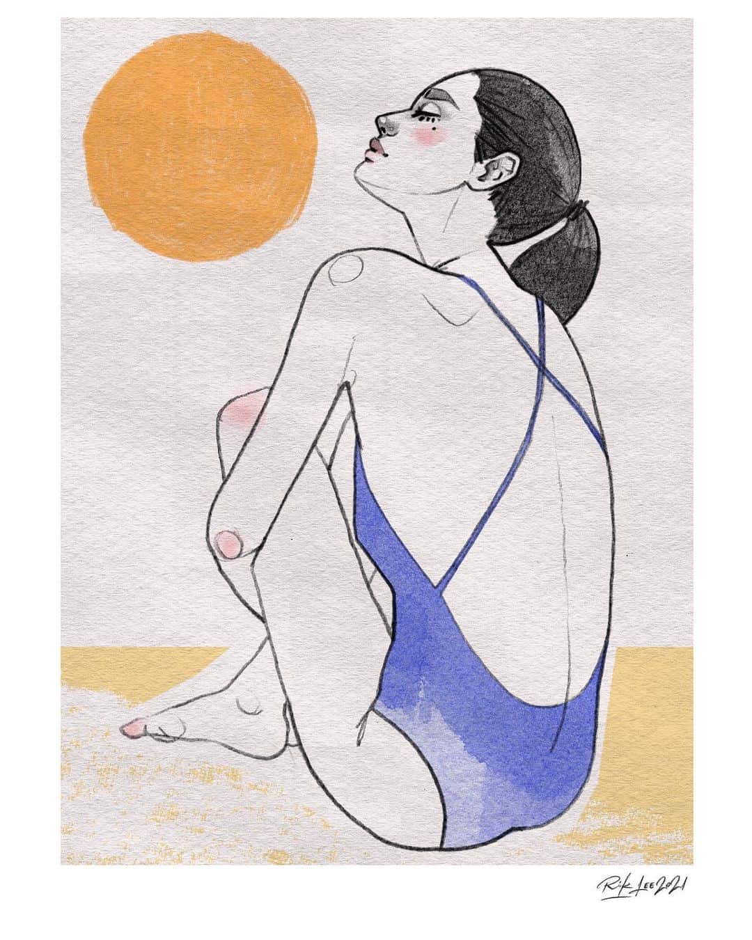 Rik Leeのインスタグラム：「Sunbather.☀️ . I’ve been really enjoying playing around with some different materials and a looser style recently. . #riklee #illustration #sketch #art #figurestudy #sunbather #graphicdesign #ink #wellness #beauty」