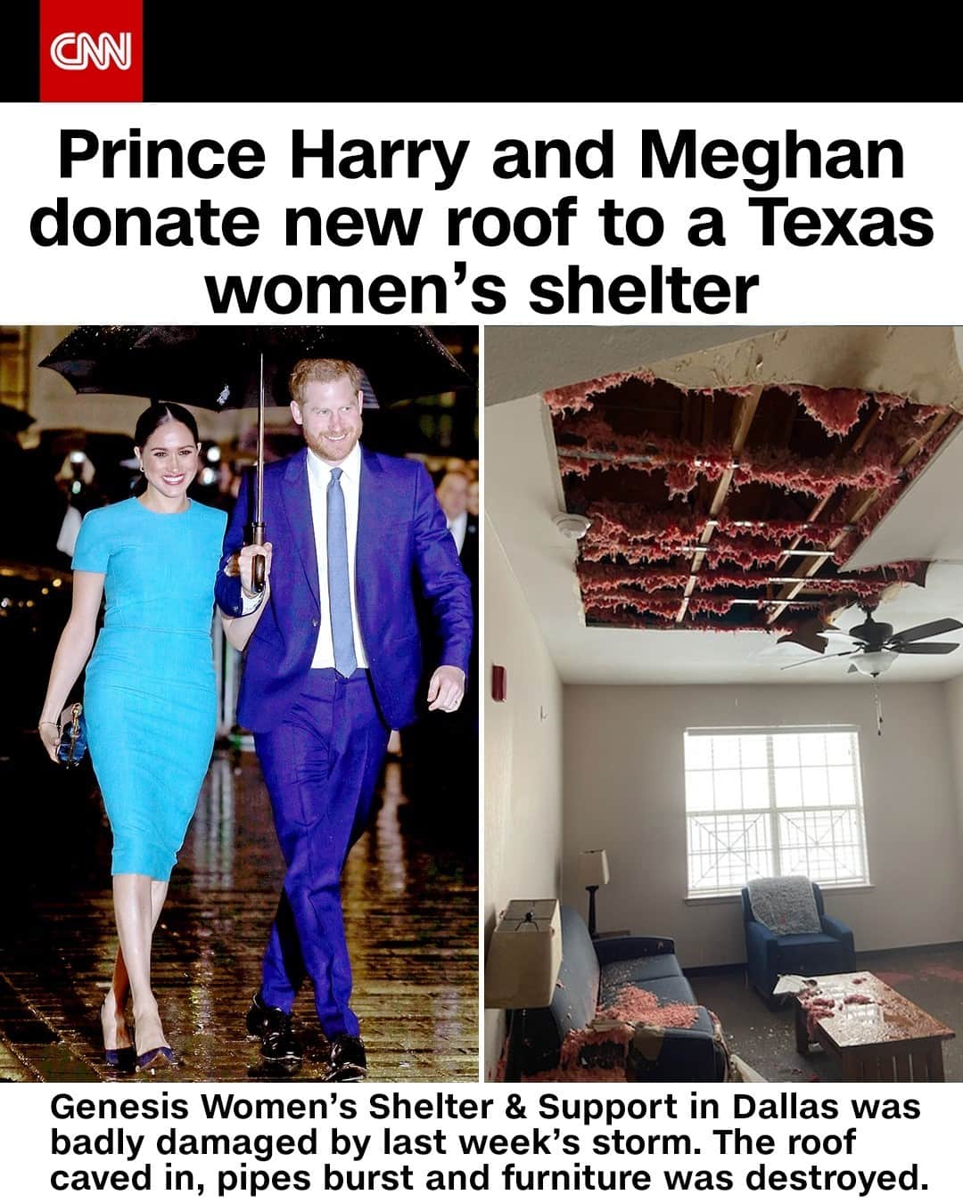 CNNさんのインスタグラム写真 - (CNNInstagram)「A Texas shelter badly damaged by last week’s winter storm is getting help from an unexpected donor. Prince Harry and Meghan, Duchess of Sussex, surprised Genesis Women's Shelter & Support in Dallas on Sunday with a donation to fix its roof and help with other urgent needs. "Not only will this gift provide for our critical needs, it shines an international spotlight on violence against women and children, letting survivors know that they are not alone,” said the shelter's CEO, Jan Langbein. ⁠ ⁠ Tap the link in our bio to learn more. ⁠ (📸: Genesis Shelter and Chris Jackson/Getty Images)」2月25日 12時00分 - cnn