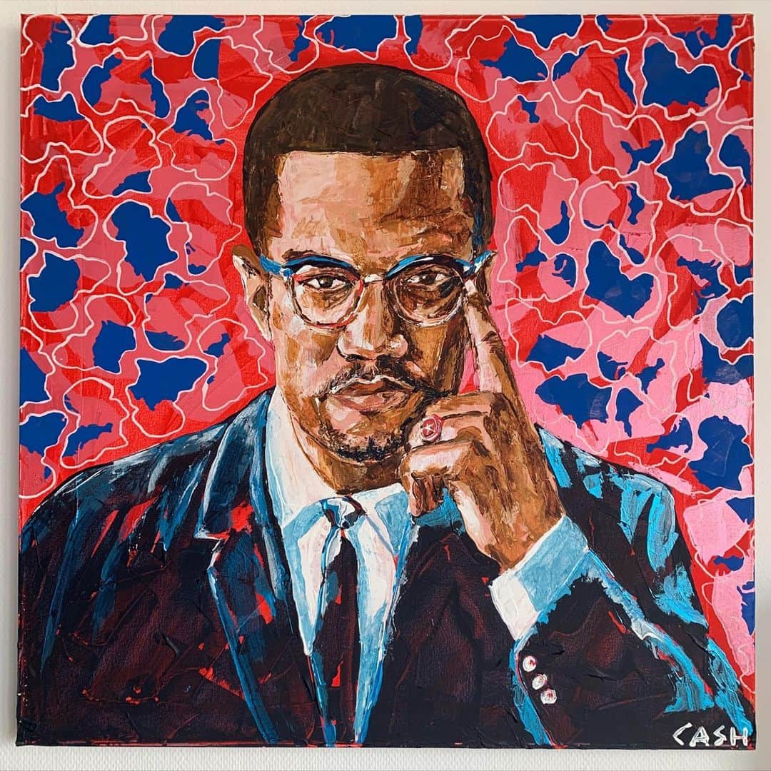 CASH（Carl Anders Sven Hultin）のインスタグラム：「Malcolm X (80cm x 80cm) swipe to see that my crib is like an art gallery 🎨✨ #malcomx #blm #blacklivesmatter #artbycash #art #portrait #painting #paletteknifepainting」