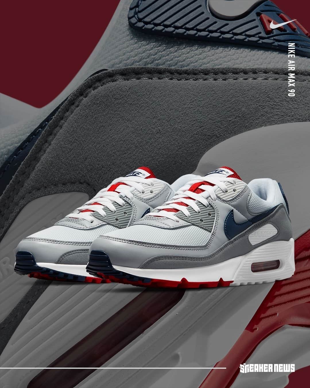 Sneaker Newsさんのインスタグラム写真 - (Sneaker NewsInstagram)「Can't help but but reminded of the famed "Silver Surfer" edition of the Air Max 90 from nearly twenty years ago. Who remembers that pair? A similar mix of  navy, red, and light grey is coming back to the silhouette; hit the link in our bio to see a closer look.」2月25日 16時01分 - sneakernews