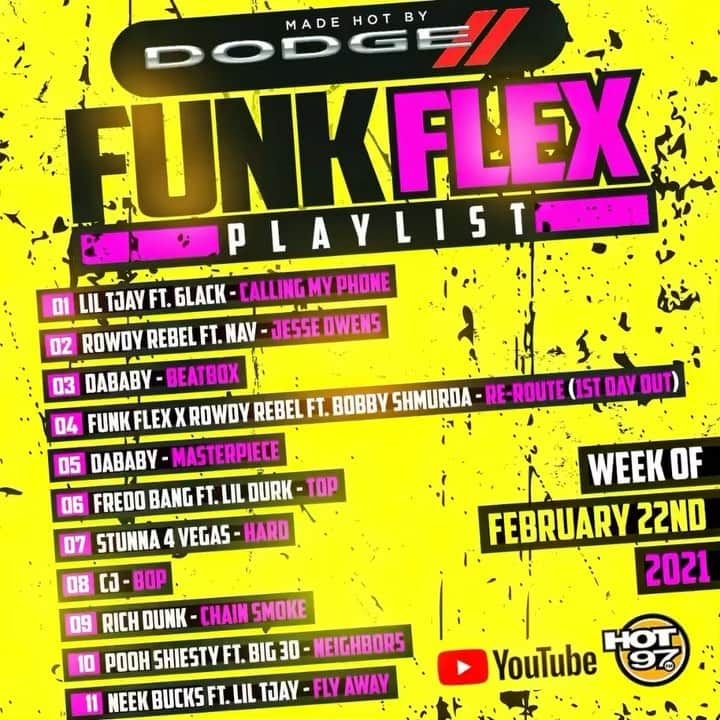 ファンクマスター・フレックスのインスタグラム：「FunkFlex Playlist!  Playlist Manager!  1 @liltjay ft. @6lack - Calling My Phone (Prod by @nonnativemusic @luisbordeaux @g.ryomo ) @columbiarecords  2 @rowdyrebel ft. @Nav - Jesse Owens (Prod by @prologicmusic ) @fettylucianogs9 @bean_ishhh @iamsylviarhone @ezekillewis @ceoslow @june_biz 3 @DaBaby - Beatbox  (Prod by @_damne ) @arnoldltaylor @interscope 4 @FunkFlex x @RowdyRebel ft. @realbobbyshmurdags9 - Re-Route(1st Day Out) (Prod by @luisbordeaux  @nonnativemusic ) @fettylucianogs9 @bean_ishhh @iamsylviarhone @ezekillewis @inflexwetrust  @june_biz 5 @DaBaby - Masterpiece (Prod by @dagotthatdope ) @arnoldltaylor @interscope 6 @fredobang ft. @LilDurk - Top (Prod by @djchose ) @defjam 7 @Stunna4Vegas - Hard (Prod by @stxnk )  #billiondollababyent @billiondollarbabyentertainment 8 @realCJ_ - Bop (Prod by  #AN )   )  @JamesCruz1 @therealdjstacks @frenchmontana @mex3media @warnerrecords @ronstew @juinjeff @mikechester @mixedbythebest @bayschuck @wiltwallace  9 @richdunk_lok - Chain Smoke #billiondollababyent @billiondollarbabyentertainment 10 @Poohshiesty ft. @ceobig30 - Neighbors (Prod by #CMO ) @atlanticrecords @Laflare1017  11 @neekbucks ft. @LilTjay - Fly Away (Prod by @vitalsonthetrack )」