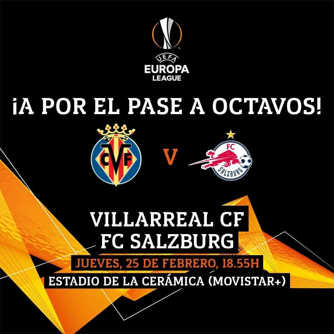 ビジャレアルCFさんのインスタグラム写真 - (ビジャレアルCFInstagram)「¡A por el pase a octavos de final 💪!  🆚 @fcredbullsalzburg 🏆 @europaleague 🗓 Dieciseisavos de final (vuelta) ⌚ 18.55h 🏟 Estadio de la Cerámica 📺 @movistarplus 📱 #UEL   #Villarreal #futbol #soccer #football #europaleague」2月25日 18時00分 - villarrealcf