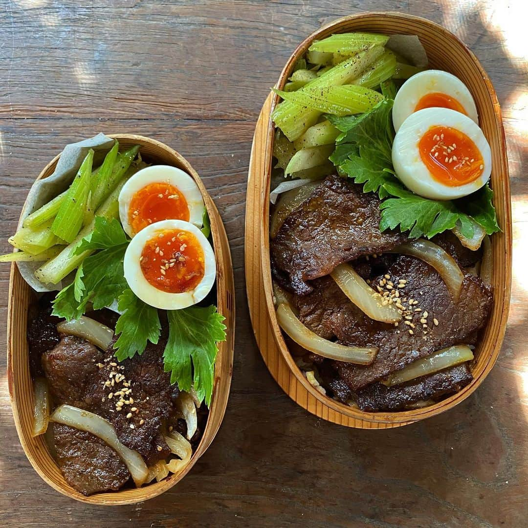 aomojiのインスタグラム：「今日のお弁当  牛モモ焼肉わさび醤油つけのせ 玉ねぎ炒め下に敷いてます セロリのスパイス炒め 半熟卵醤油たらり 玄米入りご飯  2021.2.25  #お弁当#のせ弁当 #夫婦弁当#わっぱ弁当 #サラメシ弁当#日々のこと #暮らし#obento #foodstagram #foodporn #yummy #japanesefood #life #onthetable #aomojibento」