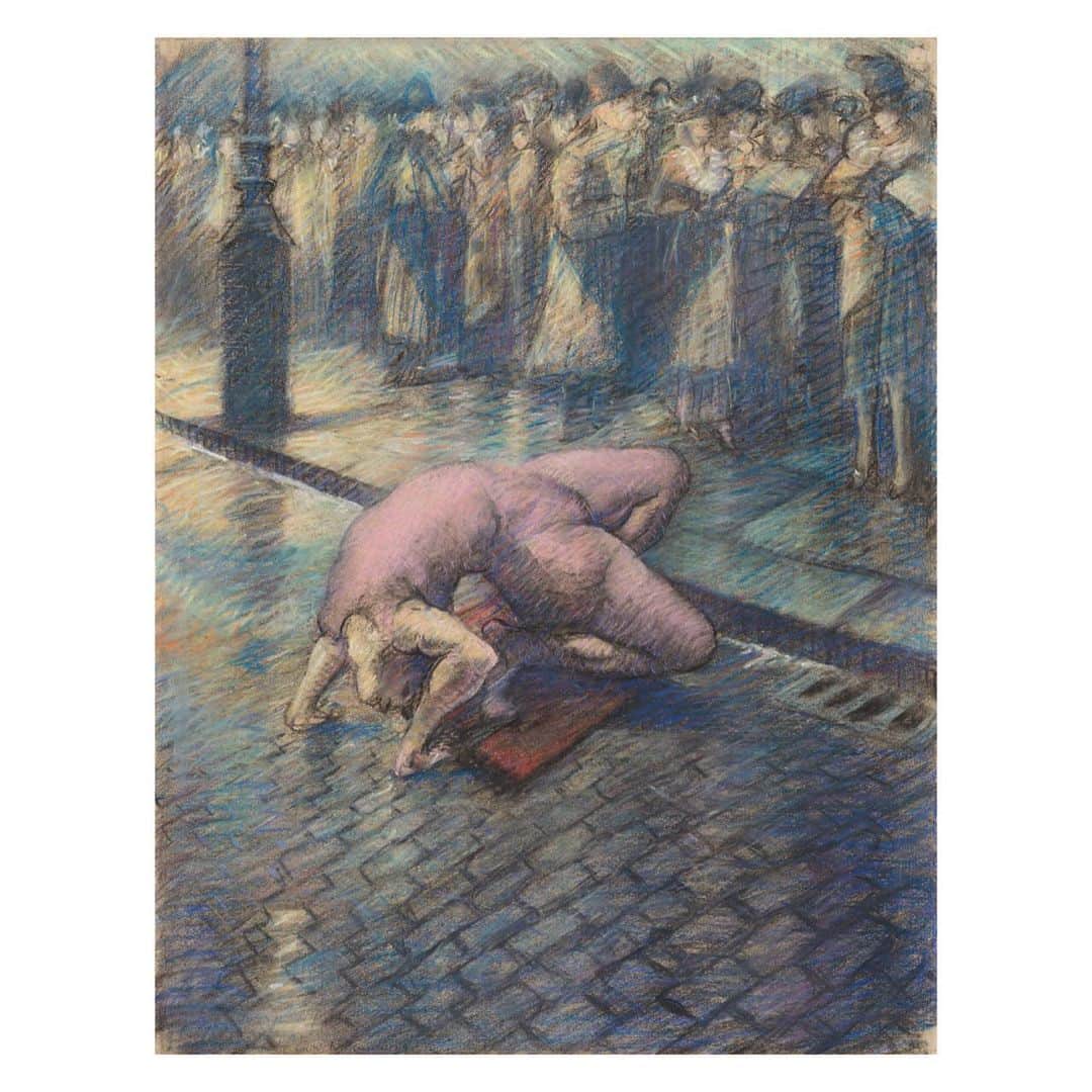 クリスティーズのインスタグラム：「Did you know that Christopher R.W. Nevinson (1889-1946) was one of the most famous war artists of World War I?⠀ .⠀ Illustrating his versatility of style, this tightly executed pastel drawing abandons the abstractions of his war-era work and instead adopts a divisionist style taking its cues from Neo-Impressionism.⠀ .⠀ Fine crosshatching in multicoloured pastel evokes the frenetic activity of the city and the falling of rain.⠀ .⠀ The acrobat is more solidly rendered, contrasting strongly with the anonymous mass of spectators.⠀ .⠀ Christopher Richard Wynne Nevinson, A.R.A. (1889-1946), 'The Street Acrobat', 1919. Estimate: £50,000-£80,000.⠀ .⠀ Modern British Art Day Sale — 2 March, London.⠀ .⠀ #ChristopherRichardWynneNevinson #Nevinson #britishpainter #britishartist #acrobat #drawing #warartist #streetscene」