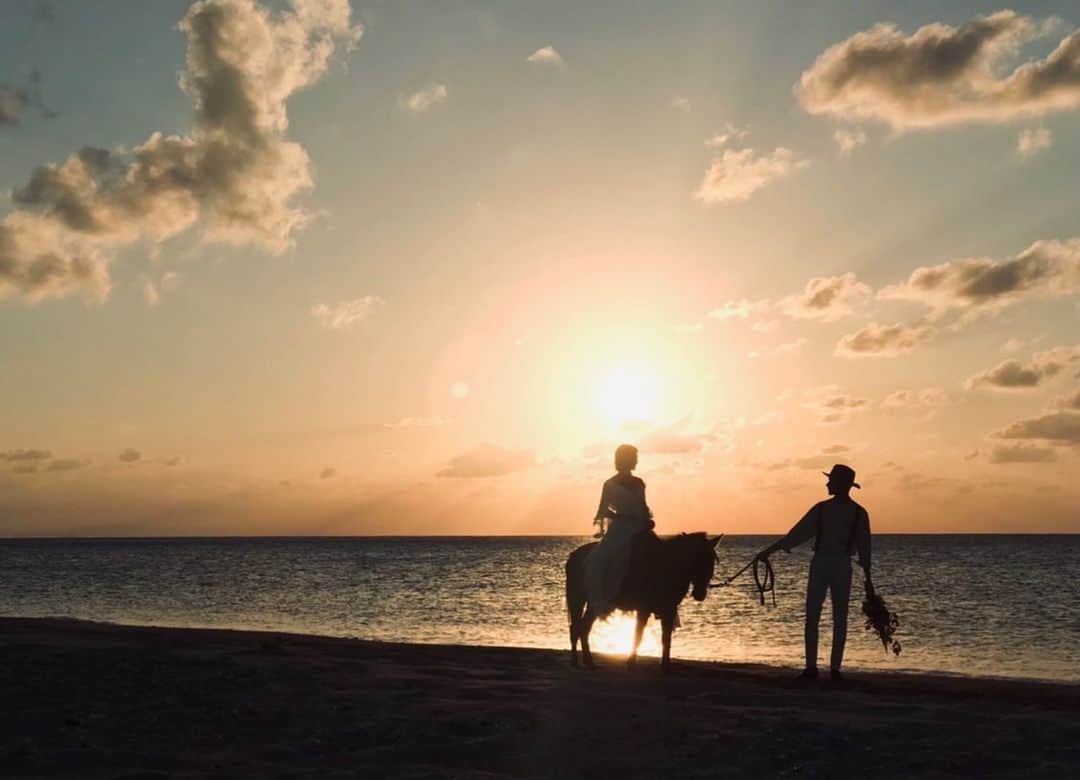 楠ダニエルのインスタグラム：「Sunset beach﻿ ﻿ なんて素敵なロケーションなのだ✨﻿ ﻿ ﻿ とてもポニーに乗りたかった﻿ なんて言えない、、😏🏇﻿ ﻿ ﻿ ﻿実はビビってたけど。笑 ﻿ ﻿  #石垣島#沖縄#model#リゾートウエディング#freemodel#カジュアルウエディング #pony  #memory#メンズモデル#フリーモデル #freelance#photo#bridal #フリーランスモデル#リゾ婚沖縄 #モデル#撮影#タキシード #tuxedo  #wedding #ウェディングドレス #前撮り#shootingday #japanese #リゾ婚 #ブライダル#ウエディング#結婚」