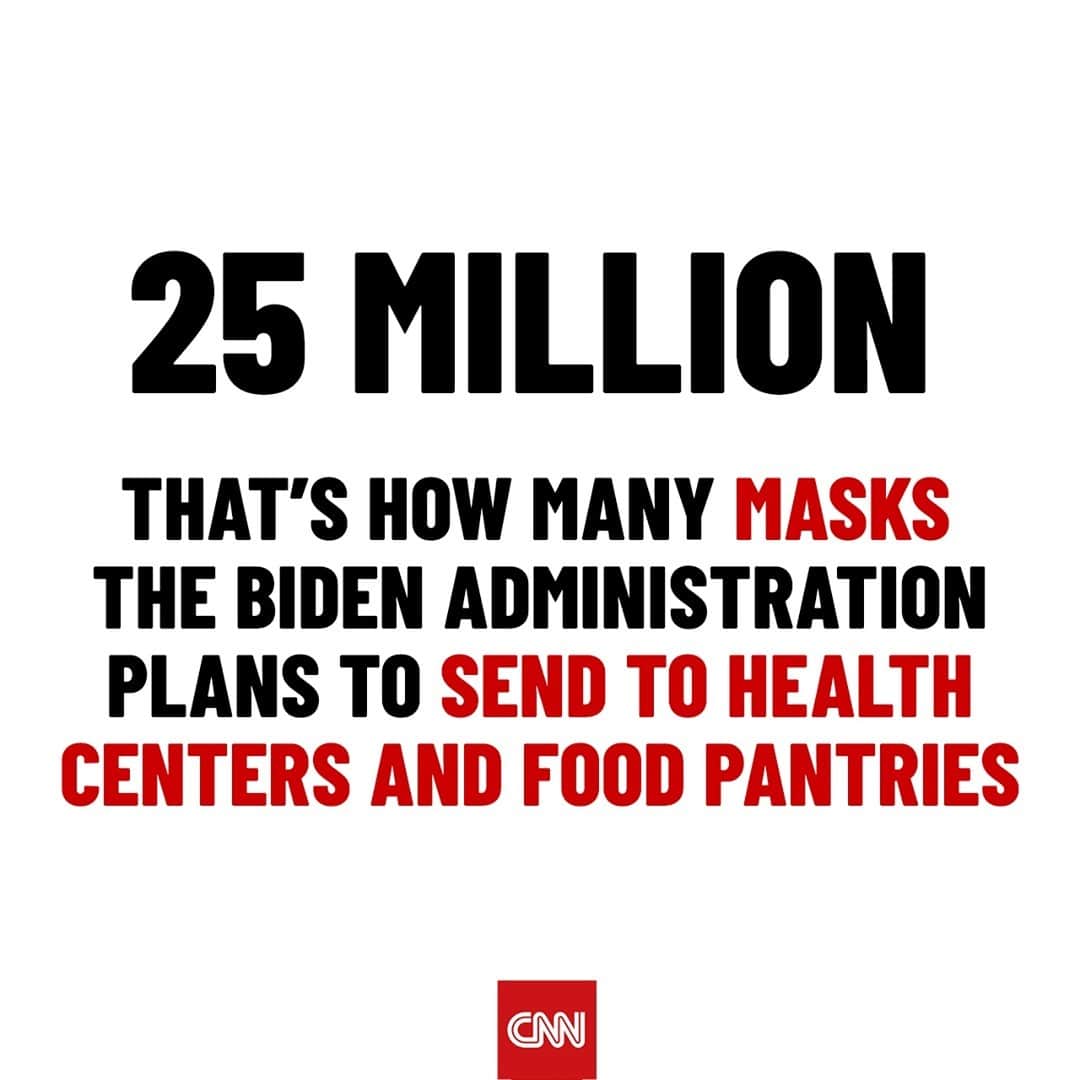 CNNさんのインスタグラム写真 - (CNNInstagram)「The Biden administration said Wednesday it would send more than 25 million masks to community health centers, food pantries and soup kitchens across the US to reach some of the nation's most vulnerable populations. The White House says an estimated 12 to 15 million Americans will receive masks as a result of these efforts. "All of these masks will be made in America, and will not impact availability of masks for health care workers," according to the White House. Tap the link in our bio for the latest guidance on masks.」2月25日 20時01分 - cnn