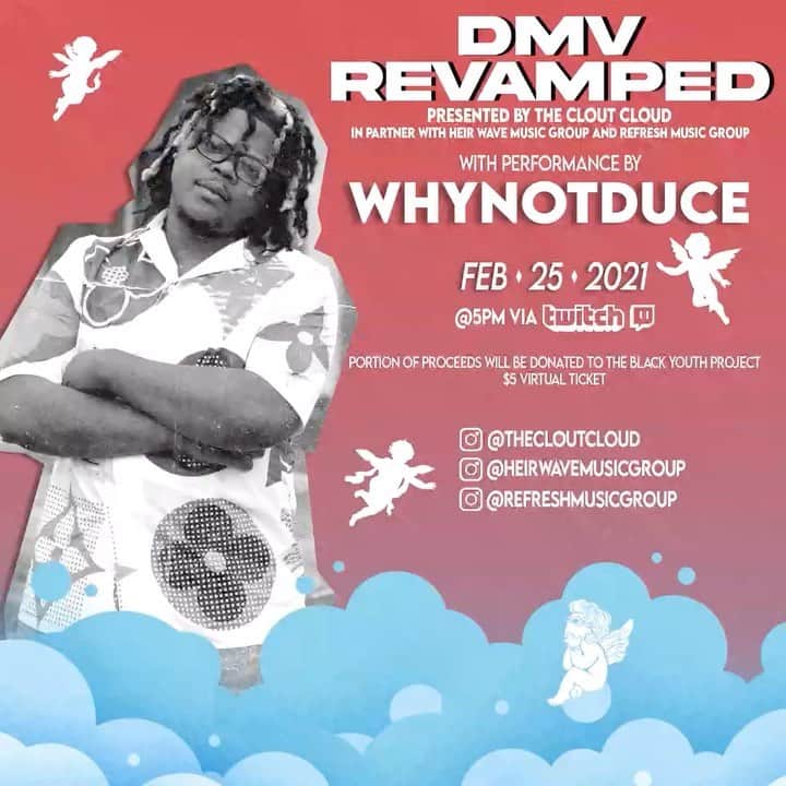 プシャ・Tのインスタグラム：「TONIGHT 5PM EST   We’re partnering up with @thecloutcloud & @refreshmusicgroup to bring you “DMV Revamped”   Featuring some of the best artists the DMV has to offer such as VA’s own @whynotduce   Show will be streamed on @twitch  Tickets available via @cloutcloudevents bio... LOCK IN!!」