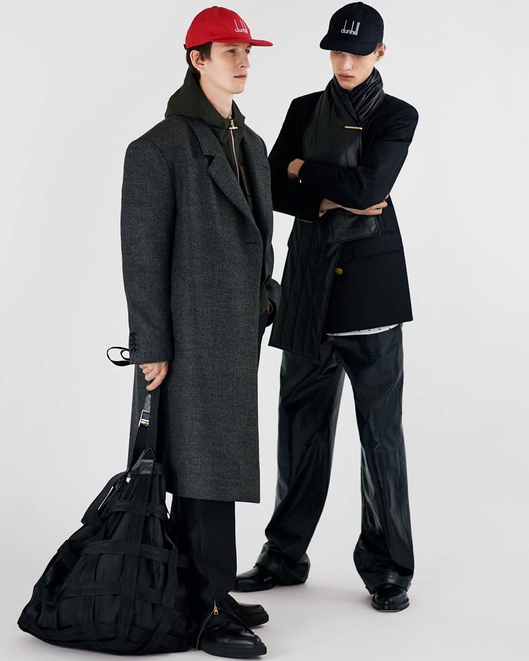 ダンヒルさんのインスタグラム写真 - (ダンヒルInstagram)「AUTUMN WINTER 2021⁠ DUNHILL COMPENDIUM ⁠ LOOK SEVEN & TWENTY-FIVE⁠ #dunhillAW21⁠ ⁠ ⁠ Left: Wool half-wrap coat, hooded technical jacket and zip hem trousers - with signature cap, Radial MK2 tote and dunhill Creepers. ⁠ ⁠ Right: GT leather scarf over wool mohair DB jacket and leather trousers - with signature cap, longtail stripes tie bar and Duke facet derbies.⁠ ⁠ ⁠For the film, looks and details from the new collection, including the inspiration behind it, follow the link in our bio. #LFW⁠ ⁠ Creative Director: #MarkWeston⁠ ⁠ ⁠ DUNHILL.COM」2月25日 21時01分 - dunhill