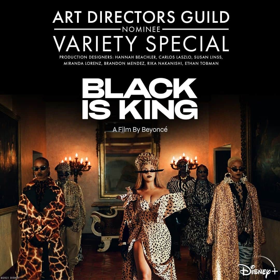 Walt Disney Studiosのインスタグラム：「Congratulations to Hannah Beachler, Carlos Laszlo, Susan Linss, Miranda Lorenz, Brandon Mendez, Rika Nakanishi and Ethan Tobman on their Art Directors Guild nomination for Variety Special for #BlackIsKing.」