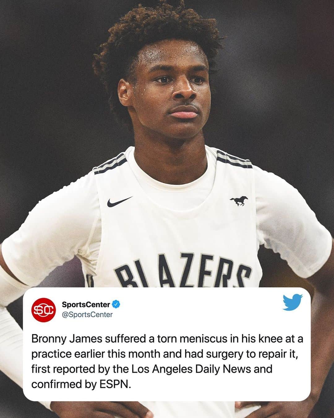 スポーツセンターのインスタグラム：「Earlier this month, Bronny suffered a torn meniscus in his knee at a practice and had surgery to repair it.」