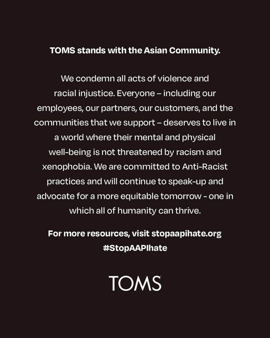 トムズシューズのインスタグラム：「For more resources, visit @StopAAPIHate and join us in supporting their efforts against racism and xenophobia by donating. #StopAsianHate #StopAAPIHate」