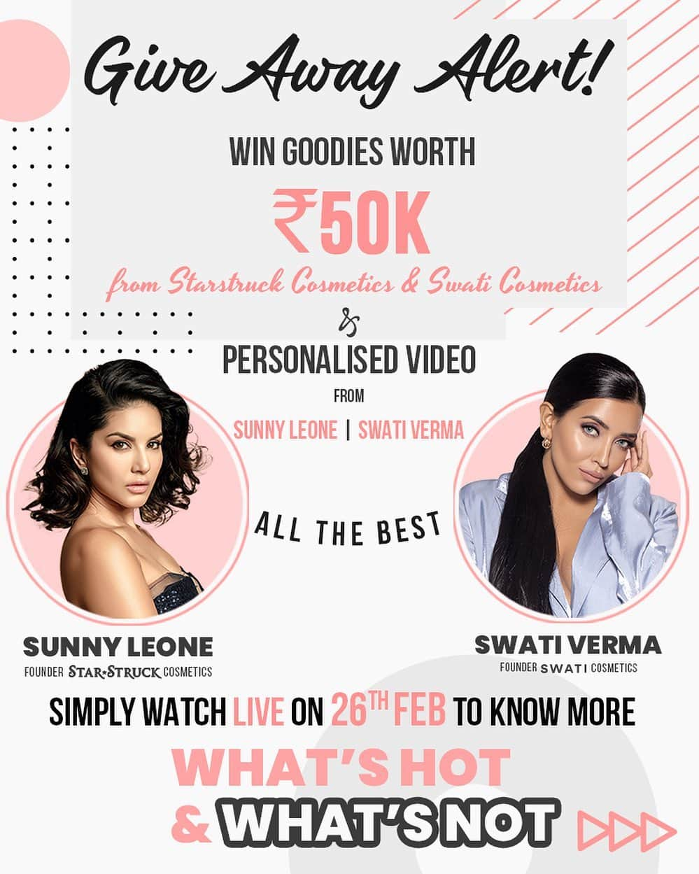 サニー・レオーネさんのインスタグラム写真 - (サニー・レオーネInstagram)「🎁💸 GIVEAWAY ALERT 💸🎁  Who wants to win a special video from me and @swativerma as well as Goodies worth ₹50,000 from @starstruckbysl & @swaticosmetics !!   All you have to do is watch the LIVE tomorrow at 9.30Pm IST and win the contest that will be announced during our #WhatsHotWhatsNot LIVE   Are you excited to win and discuss the latest trends in makeup industry 💋💄  LIVE is presented by @lifestylestores   #SunnyLeone #swativerma #makeup #makeupartist #crueltyfreemakeup」2月25日 23時46分 - sunnyleone