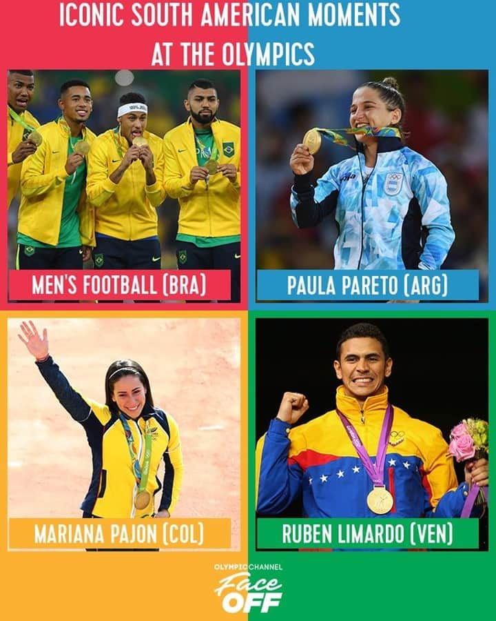 オリンピックチャンネルのインスタグラム：「This week we invite you to travel to #SouthAmerica to choose their most iconic Olympic moment.  Cast your vote on our stories and comment your choice below! #FaceOff  @paupareto @marianapajon @rubenlimardo @timebrasil @coargentina @olimpicocol @covofficial @judogallery @fencing_fie @uci_cycling @fifaworldcup」