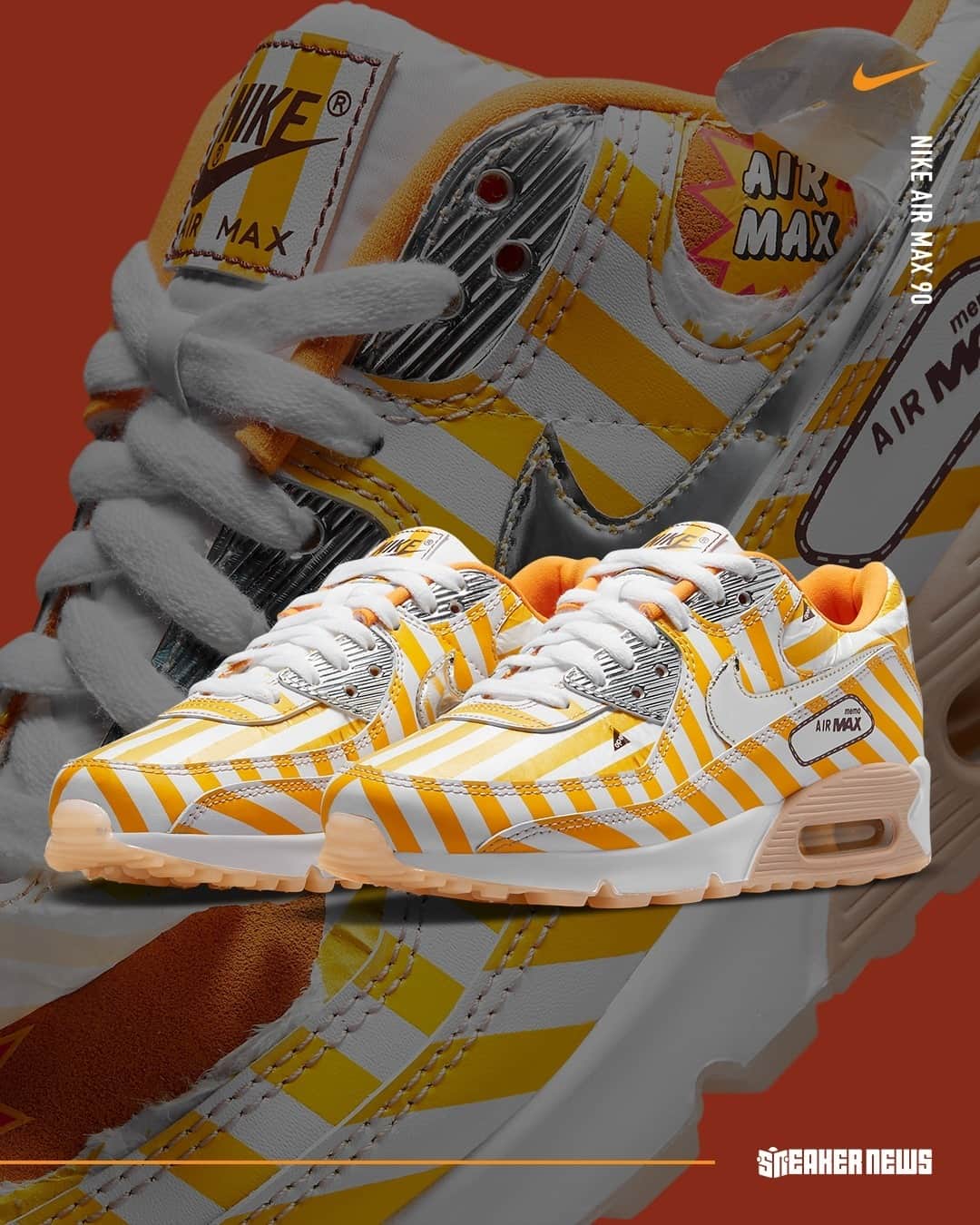 Sneaker Newsさんのインスタグラム写真 - (Sneaker NewsInstagram)「Nike's focus on the conveni, a staple in the Japanese food culture scene, is served in the form of an Air Max 90 inspired by the servings of fried chicken. Covered in a bold yellow and white striping with hits of foil, the shoe features a hidden crispy brown layer beneath. Tap the link in our bio to see a closer look.」2月26日 2時02分 - sneakernews